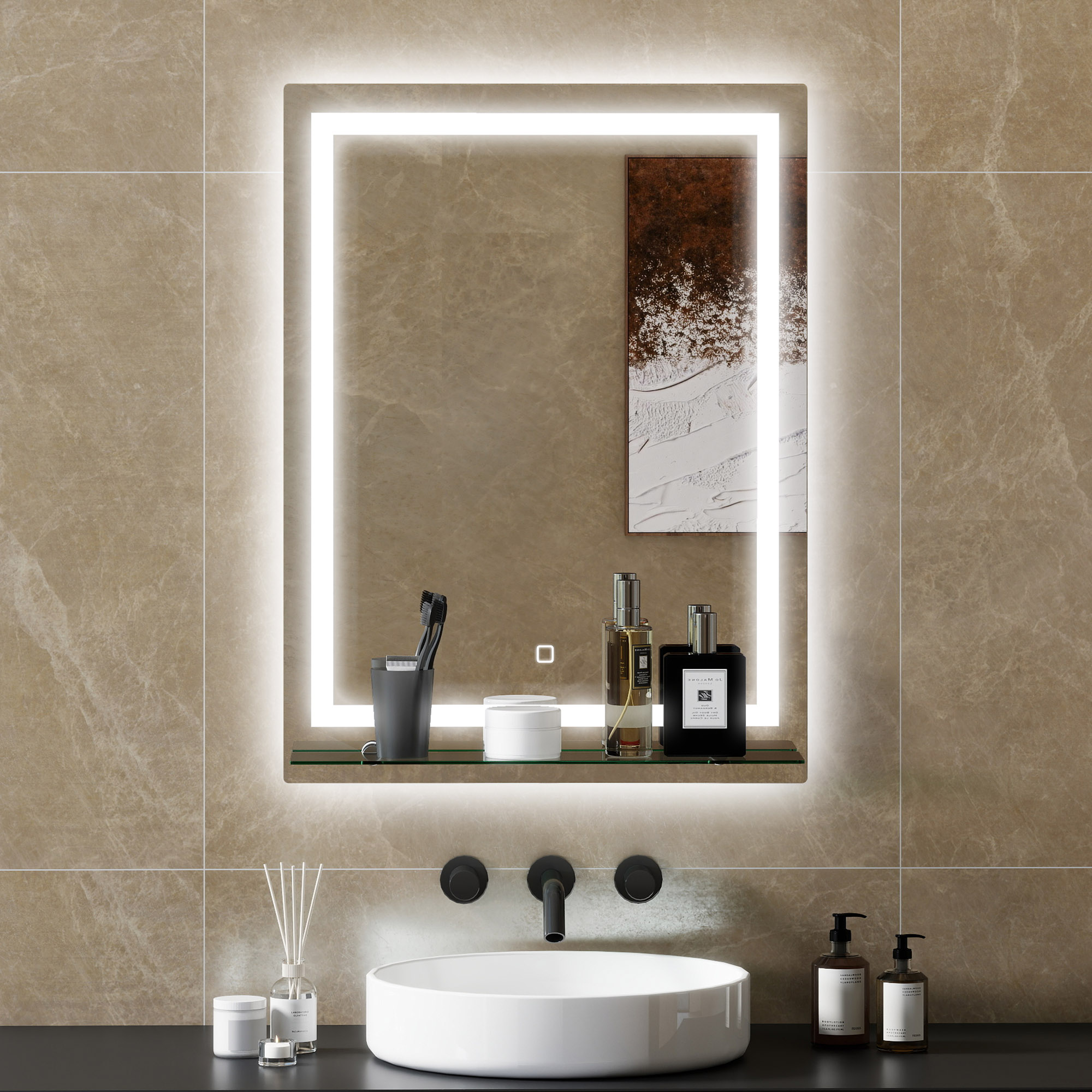Badezimmerspiegel 60x80 Cm Mit 3 Lichtfarben, Glasablage, Memory-funktion Und Touch-schalter, Silber