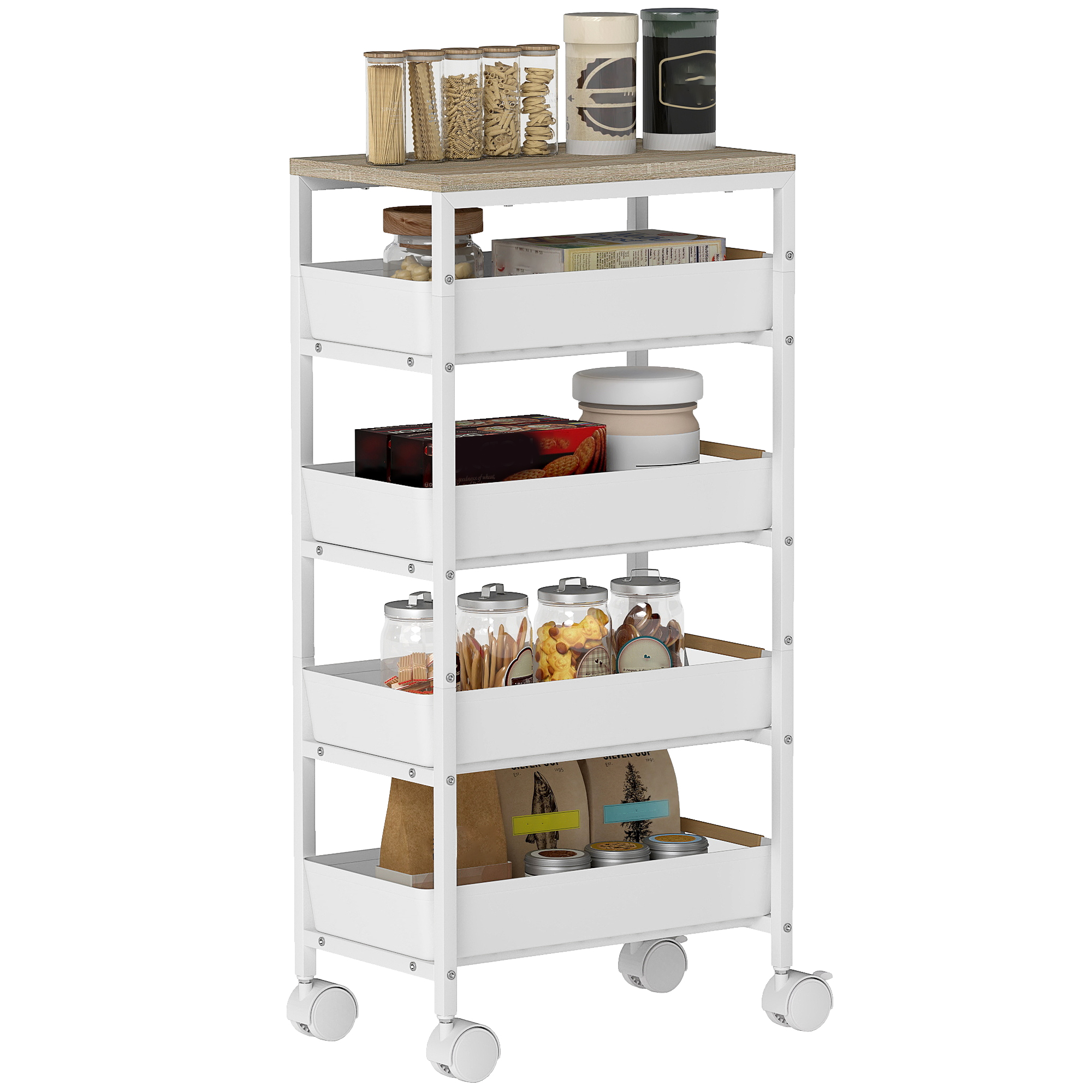 5-stöckiger Küchenwagen, Beistellwagen Mit Rollen, Tischplatte In Holzoptik, Auszugsschubladen, 39,5 X 24 X 82 Cm, Weiß