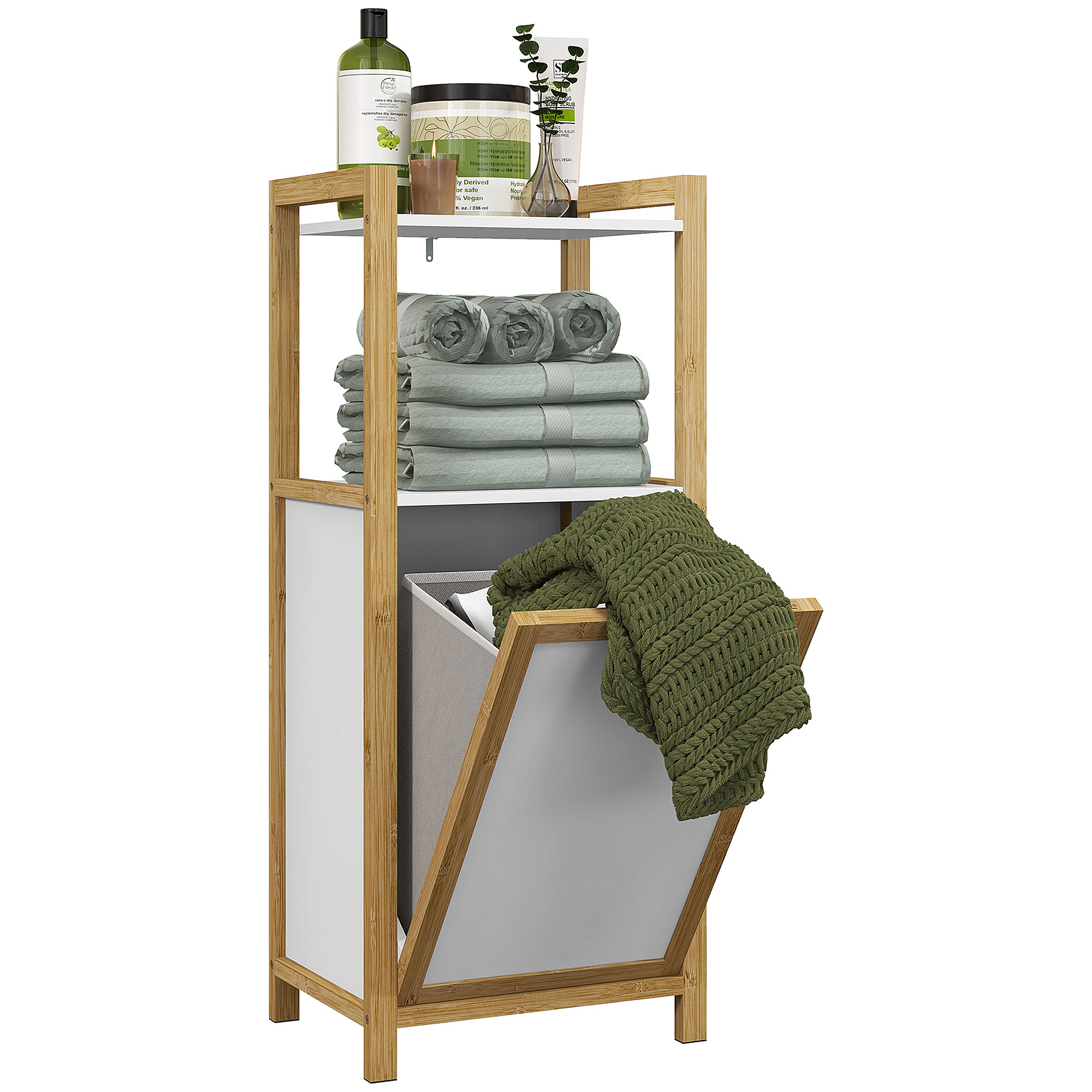 Freistehender Wäschekorb Aus Bambus Fürs Badezimmer, Platzsparendes Design – 2 Ablagen – Maße: 40 X 30 X 86,5 Cm (l X B X H)