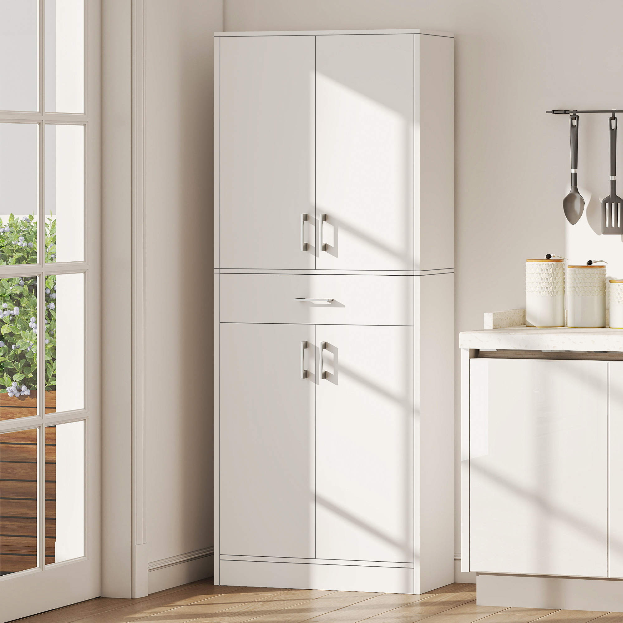 Küchenschrank Mit 4 Türen, 1 Schublade Und Verstellbaren, Kippsicheren Einlegeböden Für Ess- Und Wohnzimmer, 70,8 X 34 X 180 Cm, Weiß Und Silber
