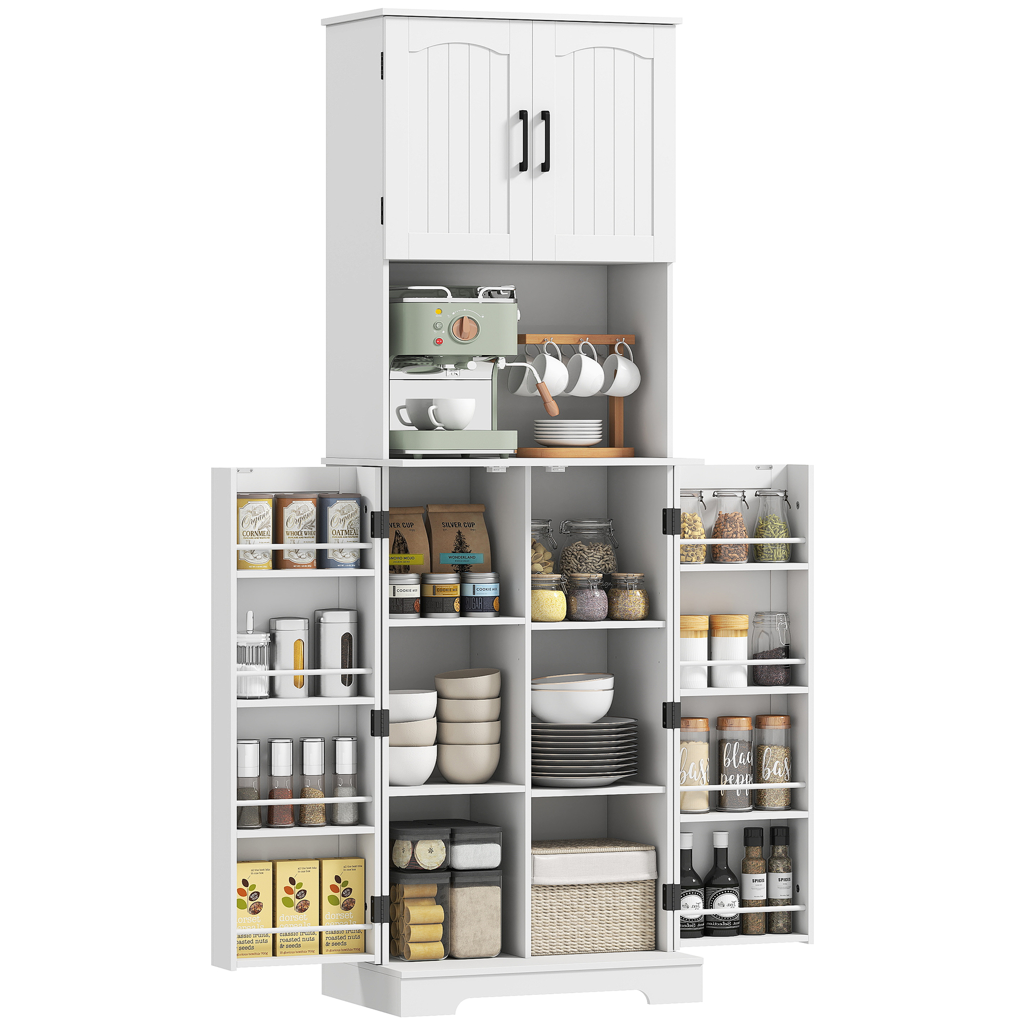 Hochschrank, 4 Türen, Arbeitsplatte, 8 Gewürzregale, Verstellbare Einlegeböden, 60 X 40 X 181,5 Cm, Weiß