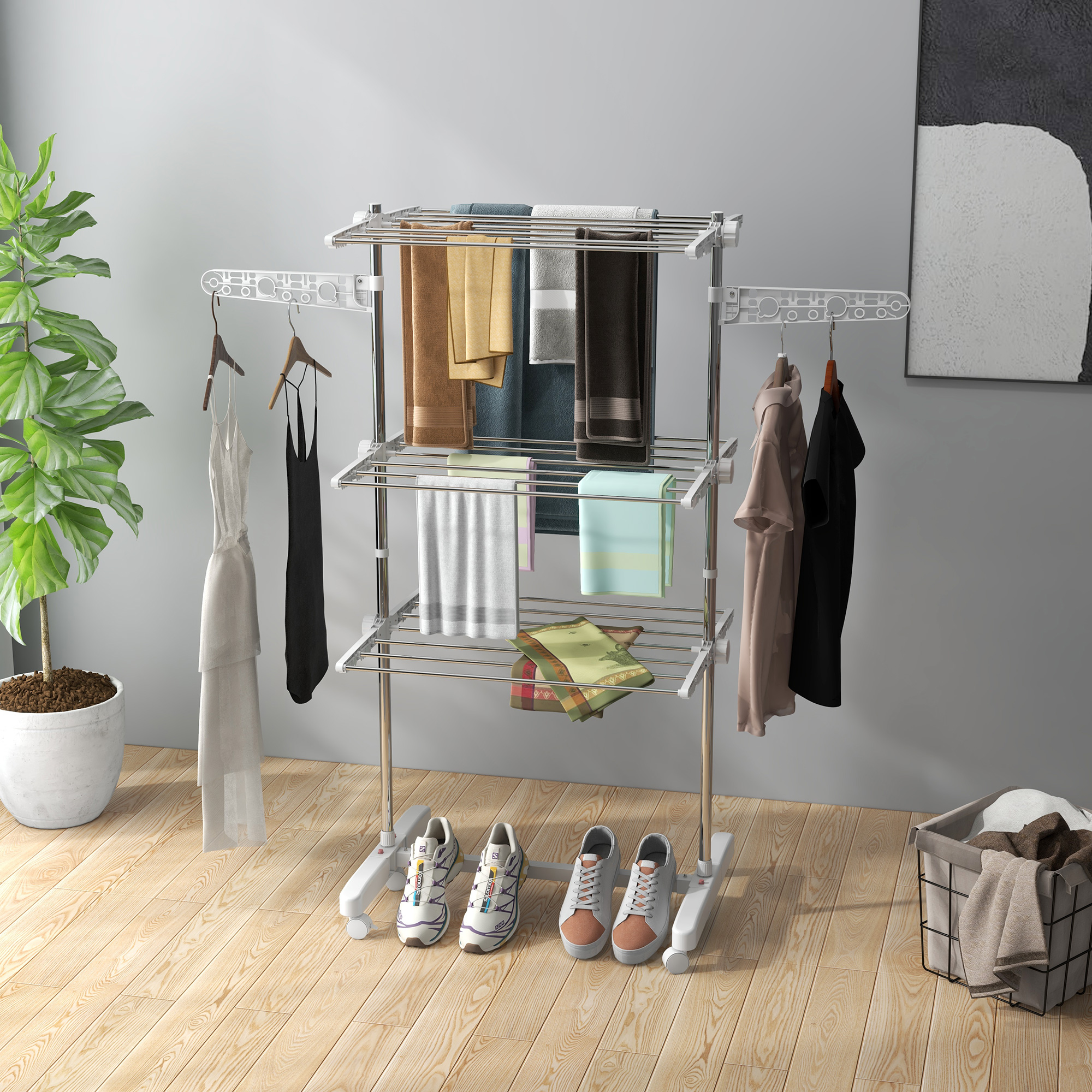 Vertikaler Wäscheständer Aus Stahl Und Kunststoff, Zusammenklappbarer Wäscheständer Mit 6 Rollen Und 3 Verstellbaren Ablagen, 142 X 55 X 172 Cm, Weiß Und Silber