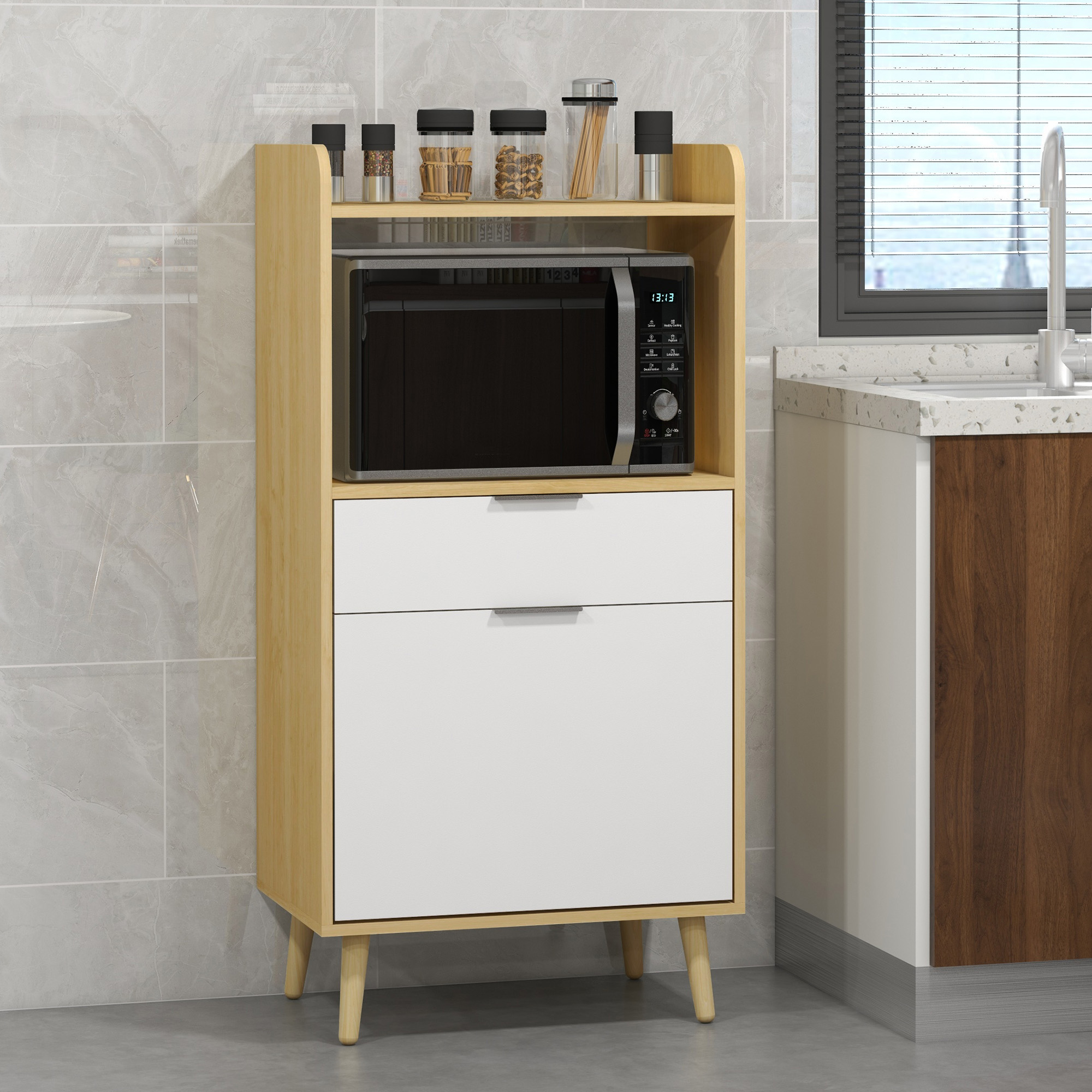 Mikrowellenschrank Aus Spanplatten Mit Ablagefach, Schublade Und Schranktür, 58 X 40 X 118 Cm, Holz Und Weiß