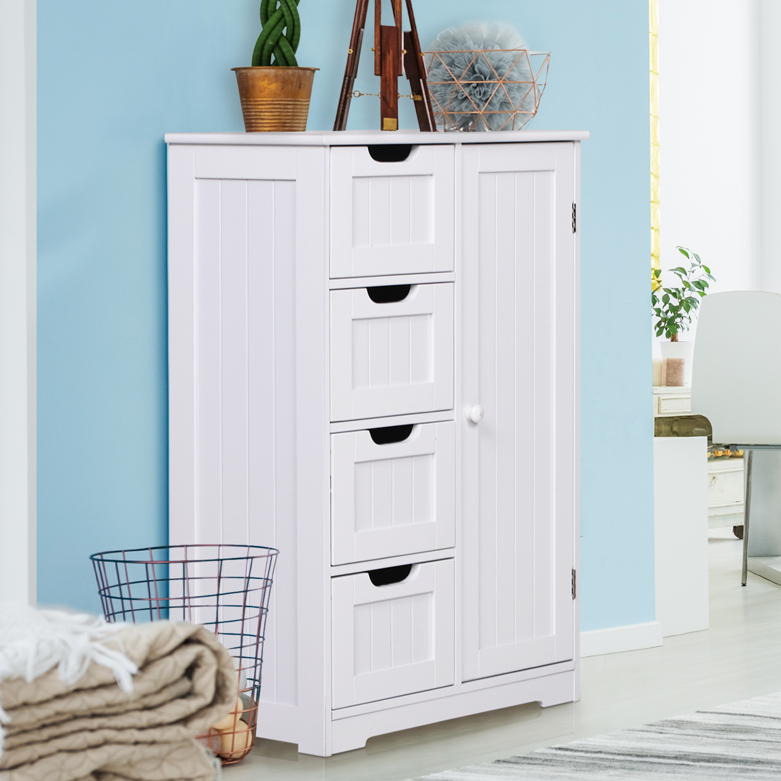 Badezimmerschrank Mit 4 Schubladen Und 3 Höhenverstellbaren Einlegeböden, Platzsparend, Umweltfreundlich Lackiert, Kippsichere Mdf-platten, 56 X 30 X 83 Cm, Weiß