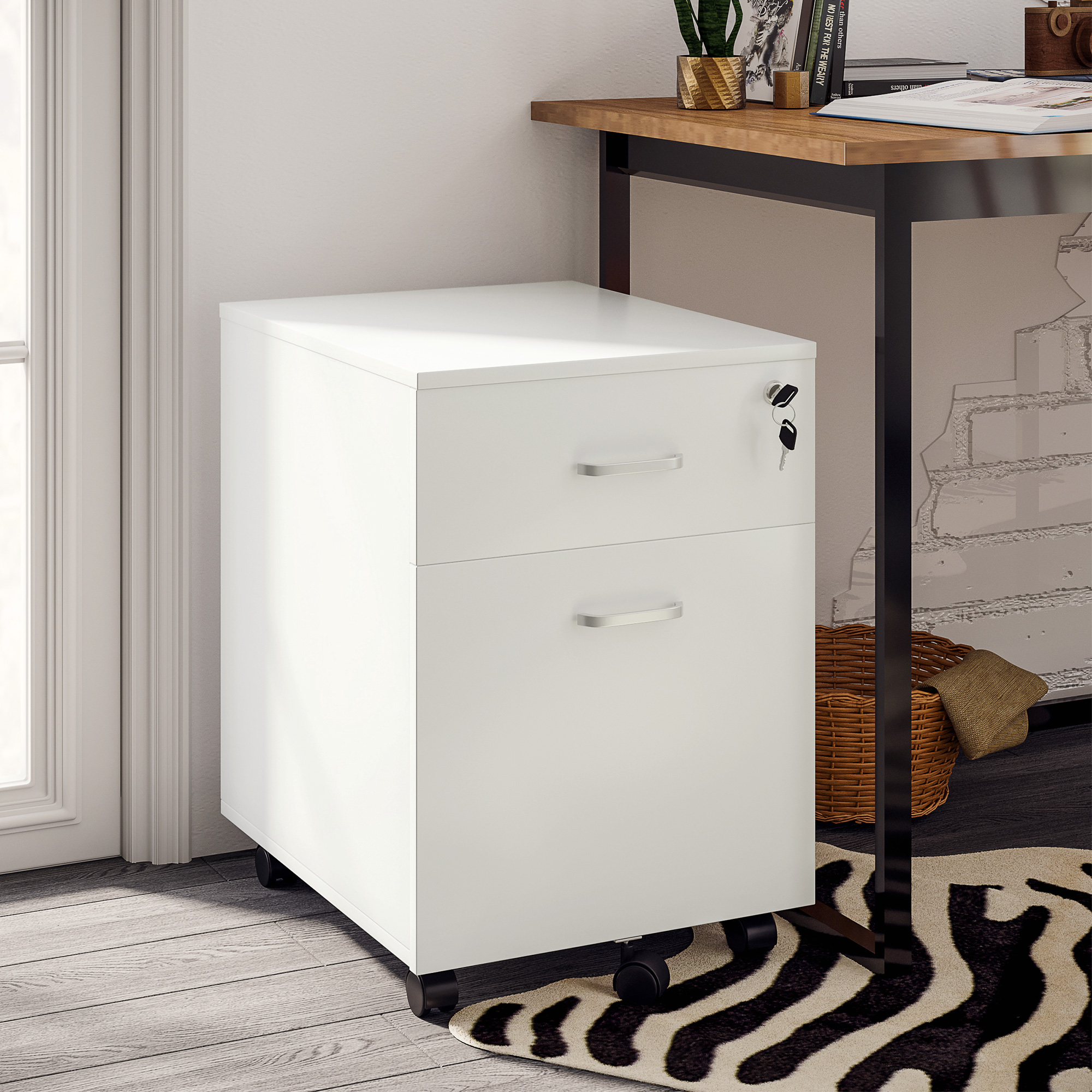 Büroschrank Mit 2 Schubladen Und 5 Rollen, Abschließbar, Aus Spanplatte, 40 X 49 X 58 Cm, Weiß