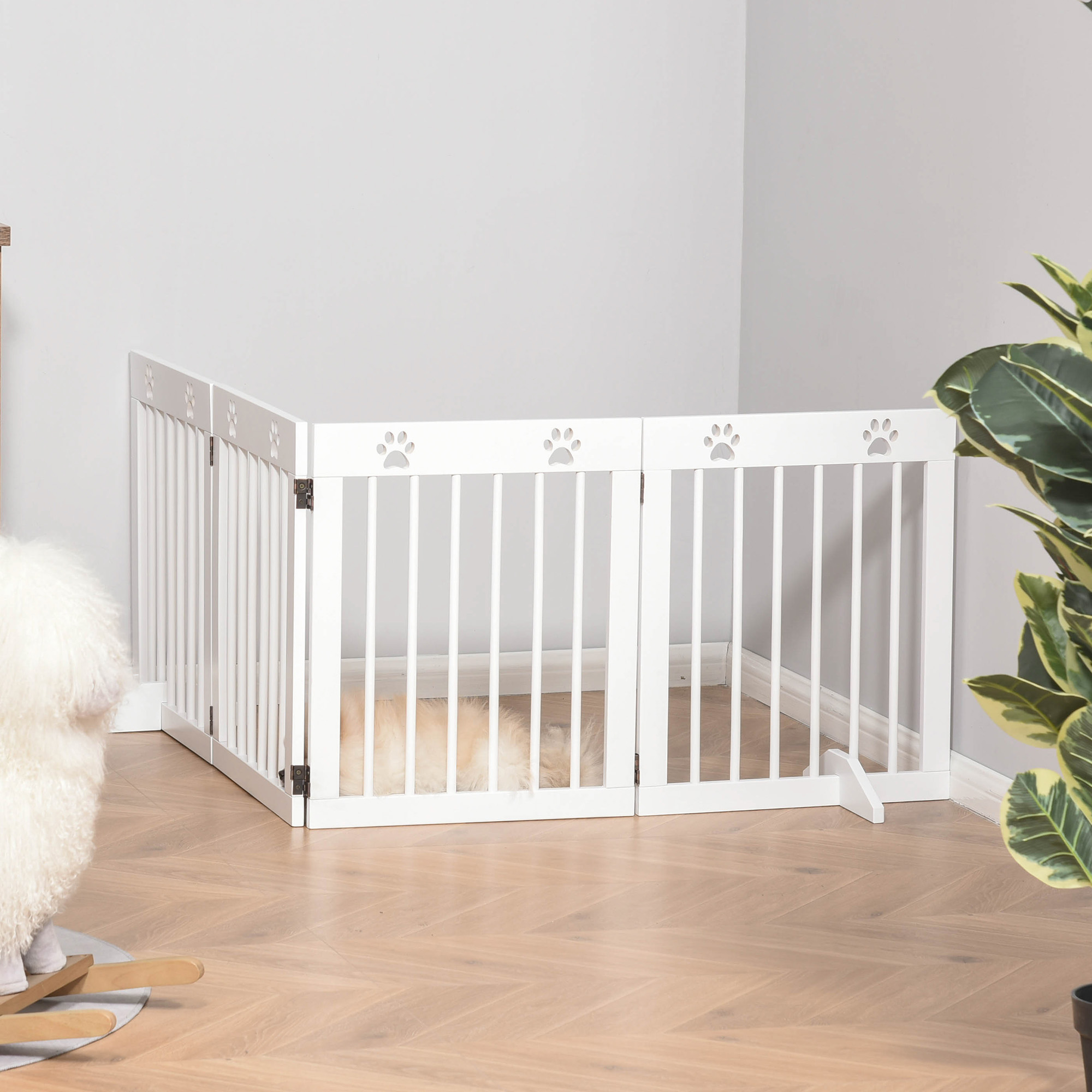 Pawhut 4-teiliges, Faltbares Hundegitter 204 X 61 Cm, Sicherheitsbarriere Mit Holzrahmen Und Stützbeinen Für Flur Und Treppe, Weiß