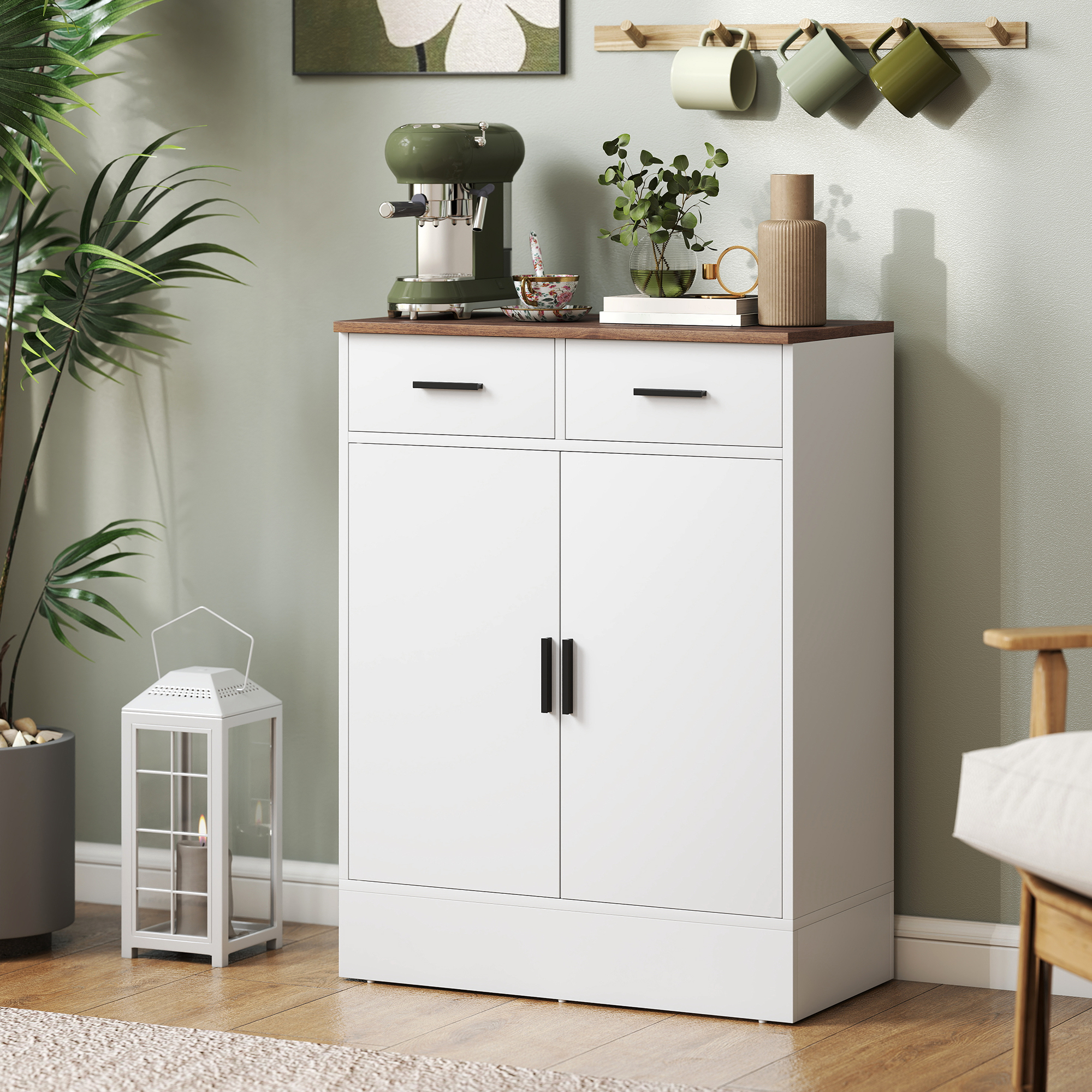 Küchen-sideboard Mit 2 Schubladen Und 2 Türen, Moderner Küchenschrank Mit Verstellbarem Einlegeboden, Buffet-sideboard Für Wohnzimmer, Esszimmer Und Aufenthaltsraum, 68,6 X 35 X 90,3 Cm, Weiß Und Brau