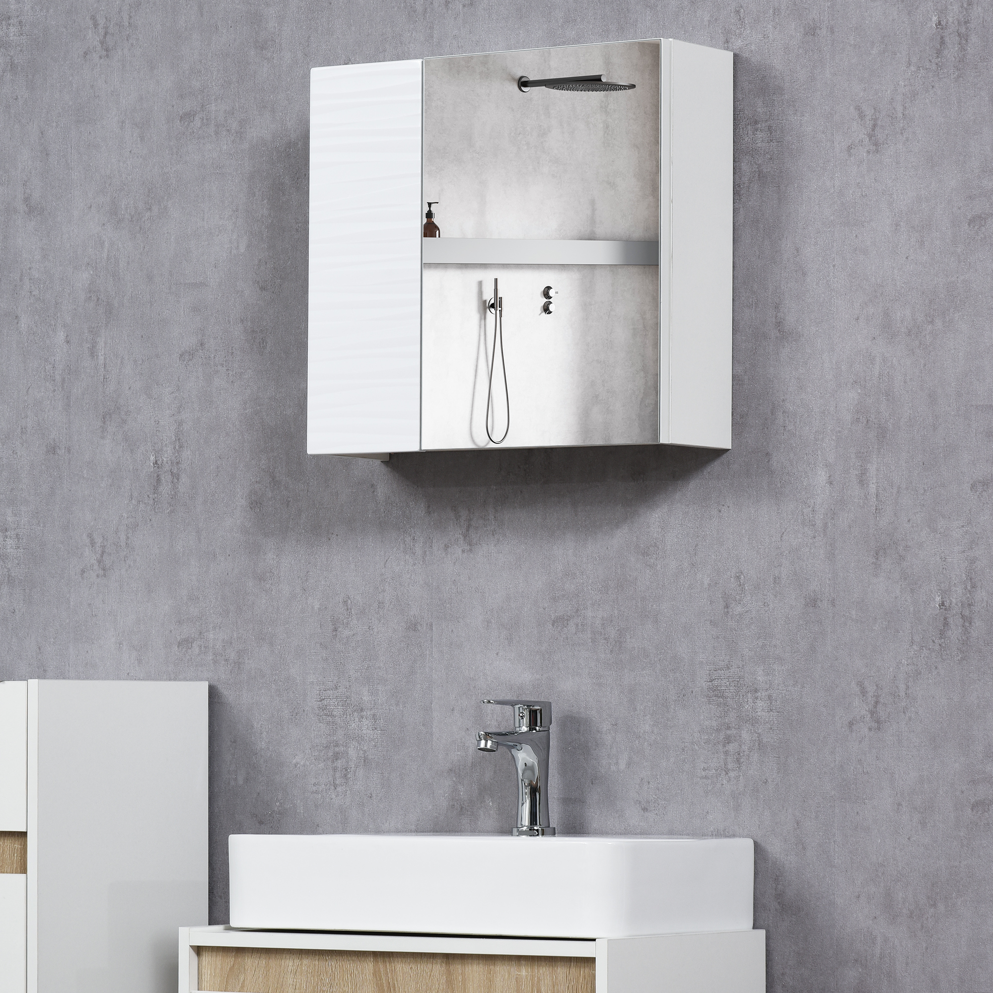 Badezimmer-spiegelschrank Aus Spanplatte Und Glas Mit 4 Verstellbaren Einlegeböden Zur Wandmontage, 48 X 15 X 45 Cm, Weiß