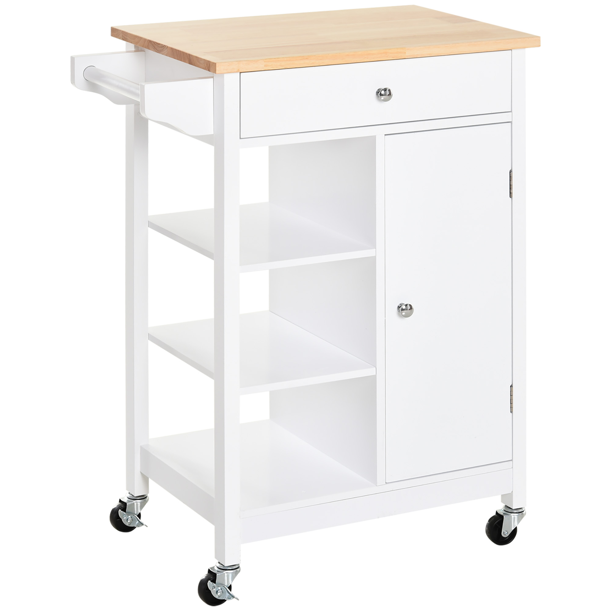 Platzsparender Küchenwagen Aus Mdf Mit Arbeitsplatte Aus Gummibaumholz, Schublade, Schrank, 3 Ablagen, Verstellbaren Ablagen, Geschirrtuchhalter Und Schwenkrollen, 66 X 39,5 X 86,5 Cm, Weiß