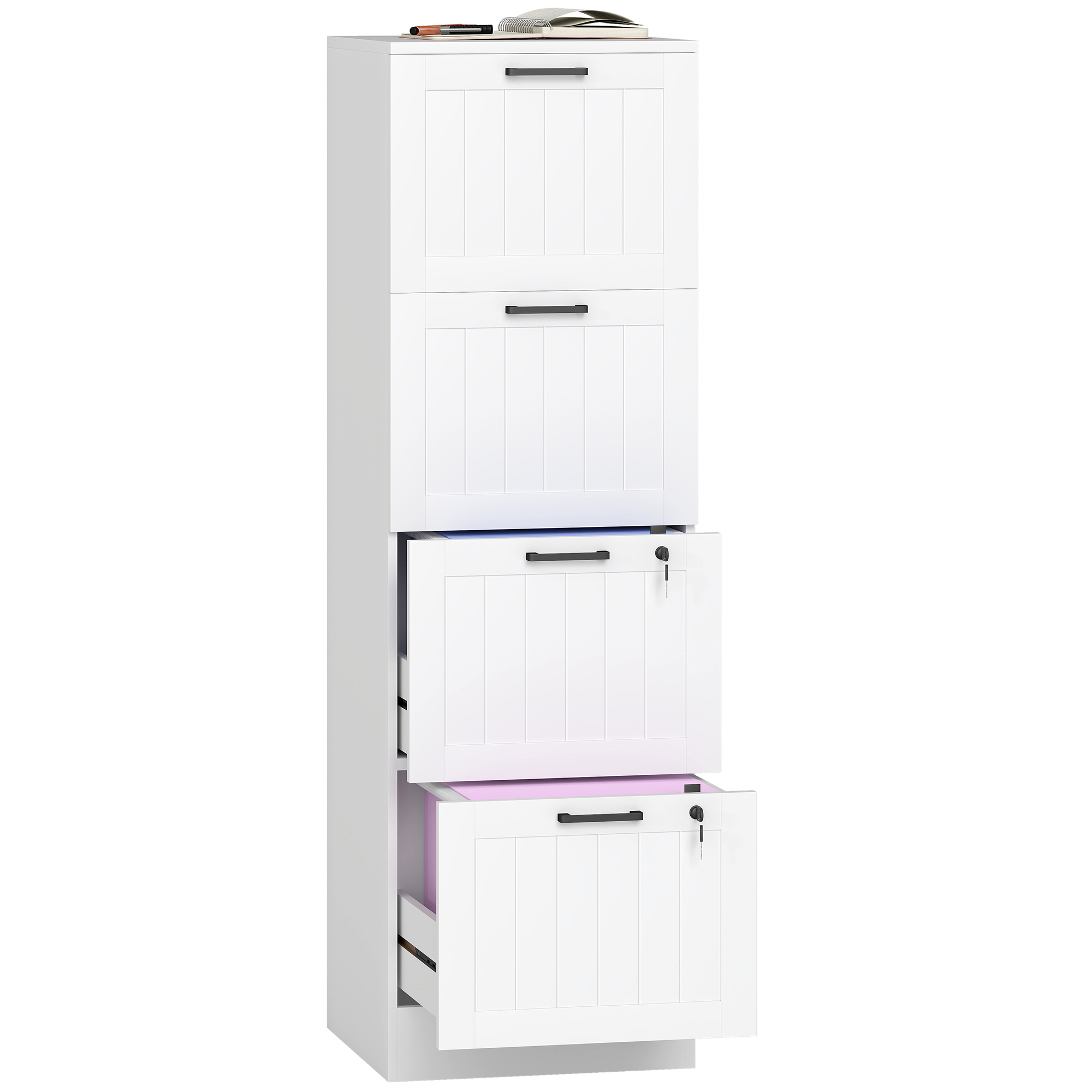 Büroschrank, Holzschrank Mit 4 Schubladen Und Schloss, Verstellbare Kleiderstangen, 40 X 40 X 131 Cm, Weiß