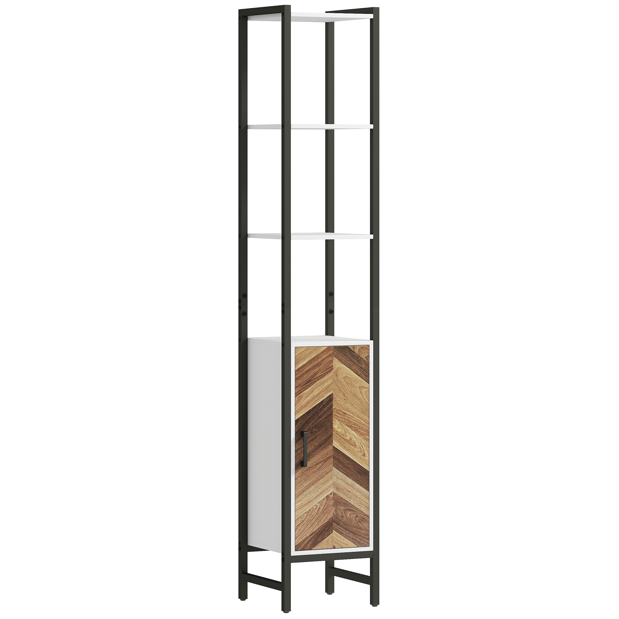 Hoher Badezimmerschrank Mit 3 Offenen Regalböden, 1 Tür Und Verstellbarem Kippschutzboden, 30 X 30 X 170 Cm, Weiß Und Nussbaumfarben
