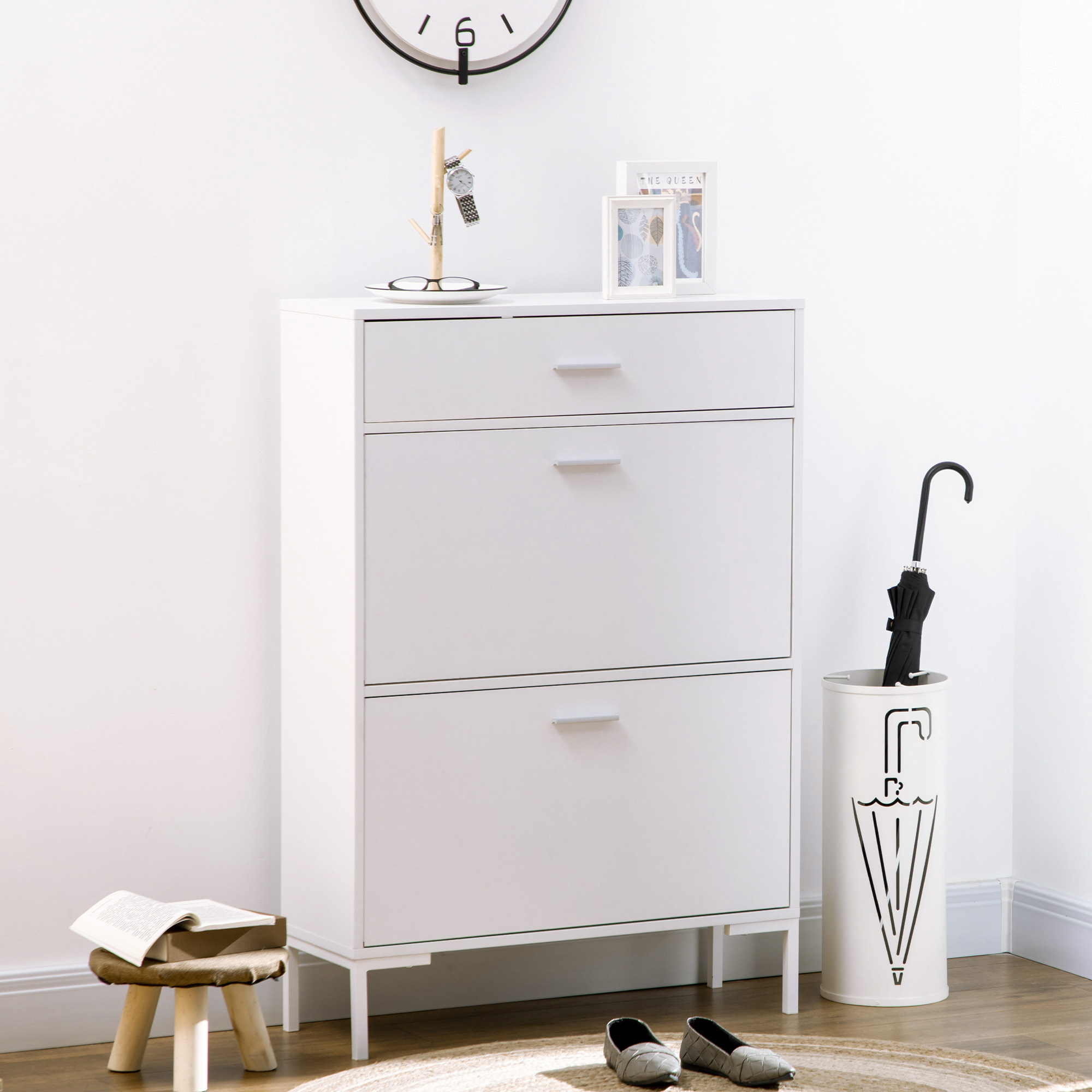 Schuhregal, Moderner Schuhschrank Für 12 Paar Schuhe Mit 2 Klapptüren Und Schublade, Aus Spanplatte, Mdf Und Metall, 75 X 26 X 110 Cm, Weiß