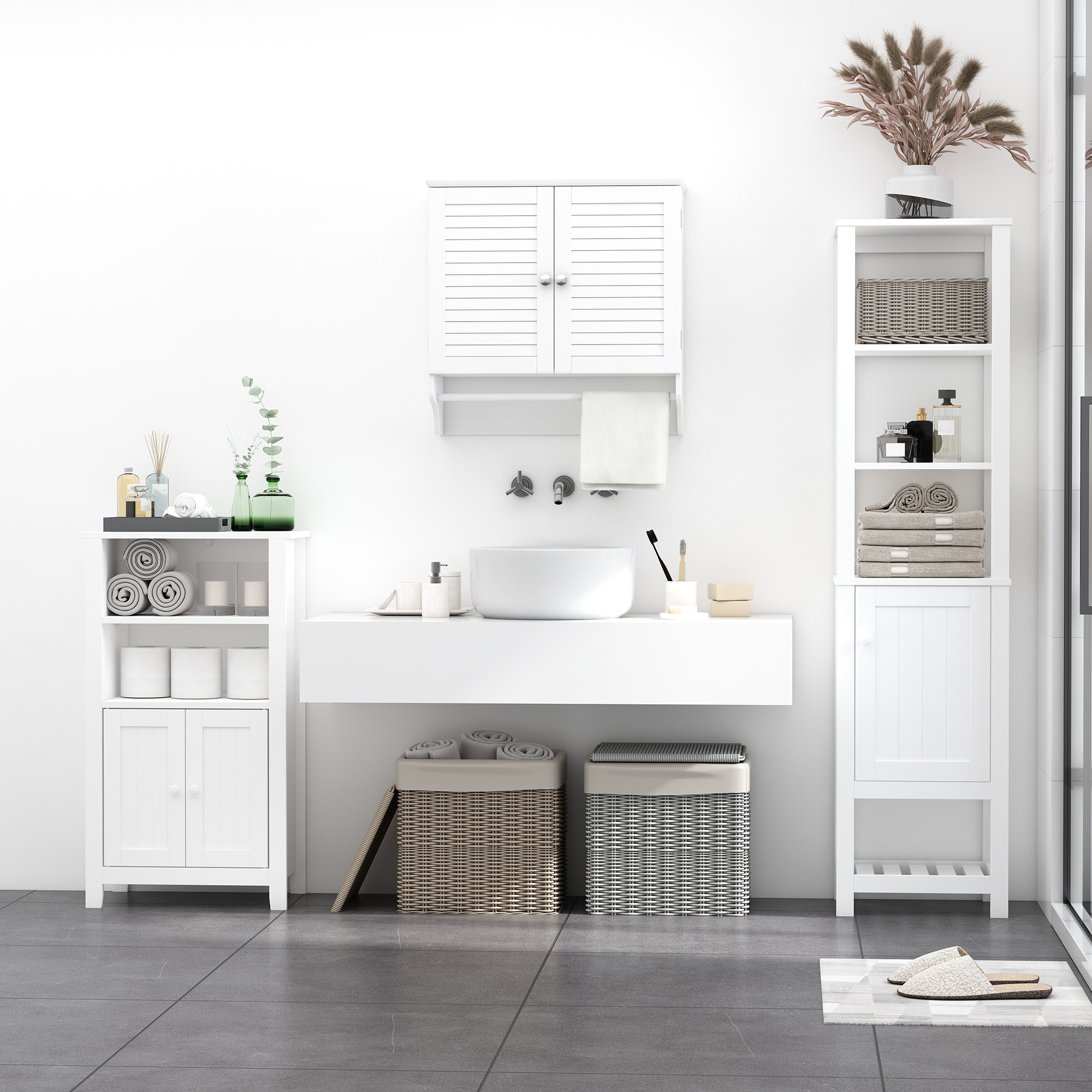 Kleankin Badezimmer-wandschrank Mit 2 Lamellentüren, Einlegeboden Und Handtuchhalter, Modernes, Vielseitiges Hängemöbel Für Küche Und Bad, 60 X 23 X 60 Cm, Weiß