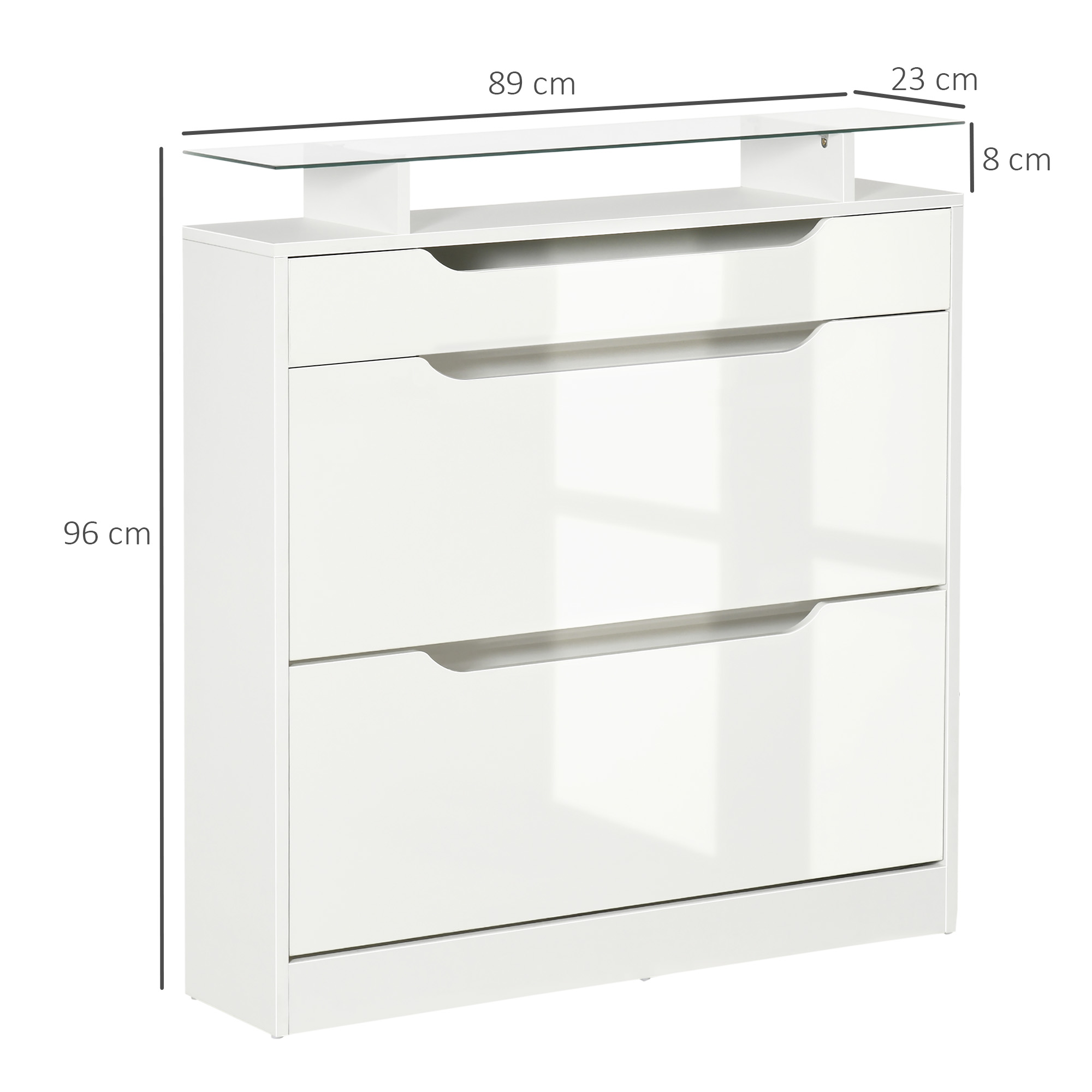 Homcom Schuhschrank Mit 2 Türen, Schmales Schuhregal Für 16 Paar Schuhe Mit Schublade, Offenem Fach Und Glasplatte Für Flur Oder Eingangsbereich, 89 X 23 X 96 Cm, Weiß