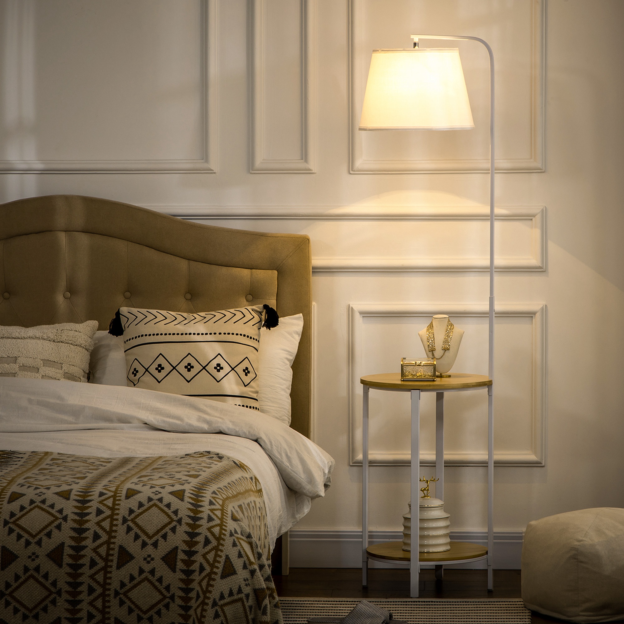 Moderne Stehlampe Mit Beistelltisch, Leinenschirm, Fußschalter Für Wohnzimmer Und Schlafzimmer, 43 X 39,5 X 162 Cm, Weiß