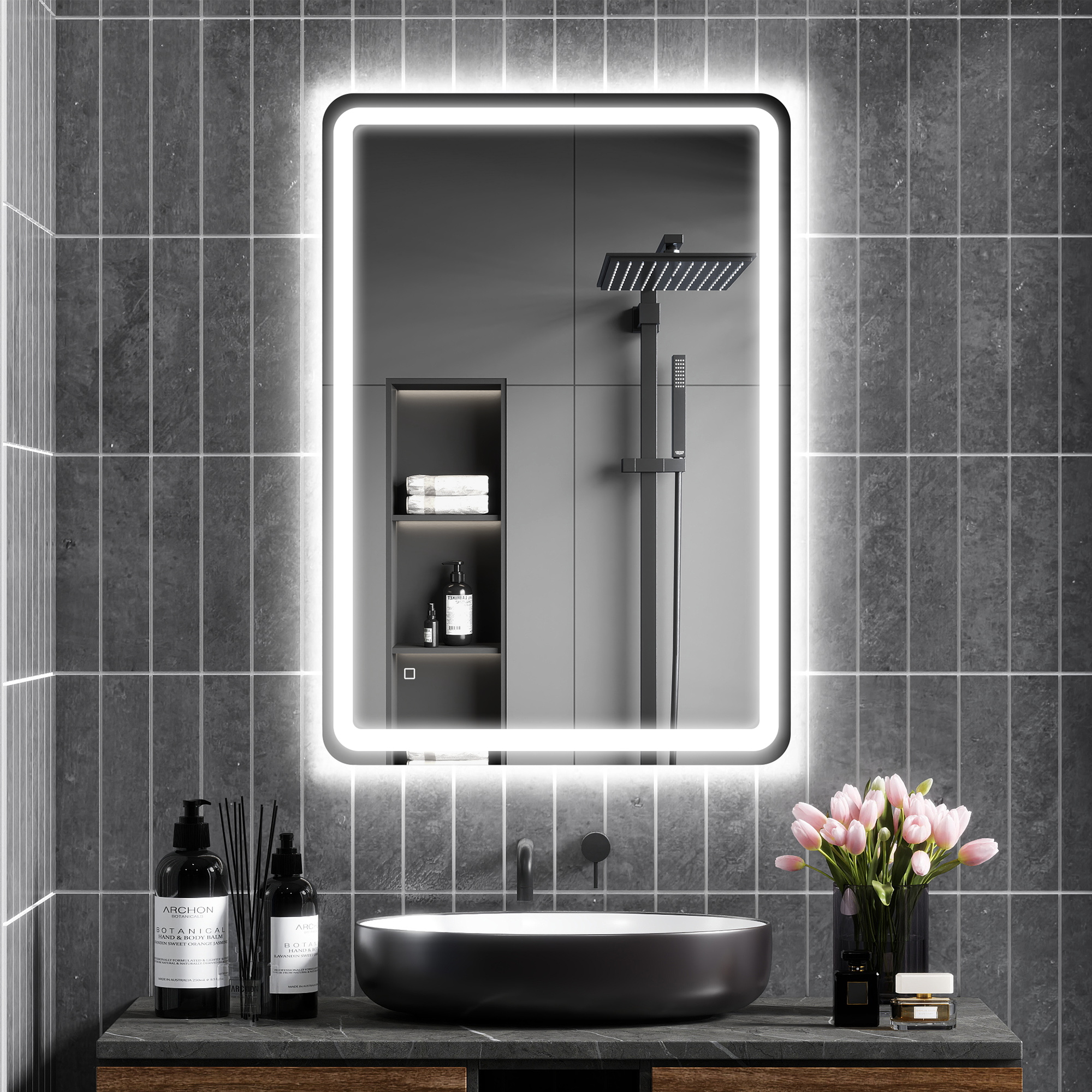 Badezimmerspiegel Mit Led-beleuchtung, 70 X 100 Cm Wandspiegel Mit 3 Dimmbaren Farben, Memory-funktion, Antibeschlagbeschichtung, Touch-schaltern, Gehärtetem Glas, Schutzart Ip44, Horizontal/vertikal