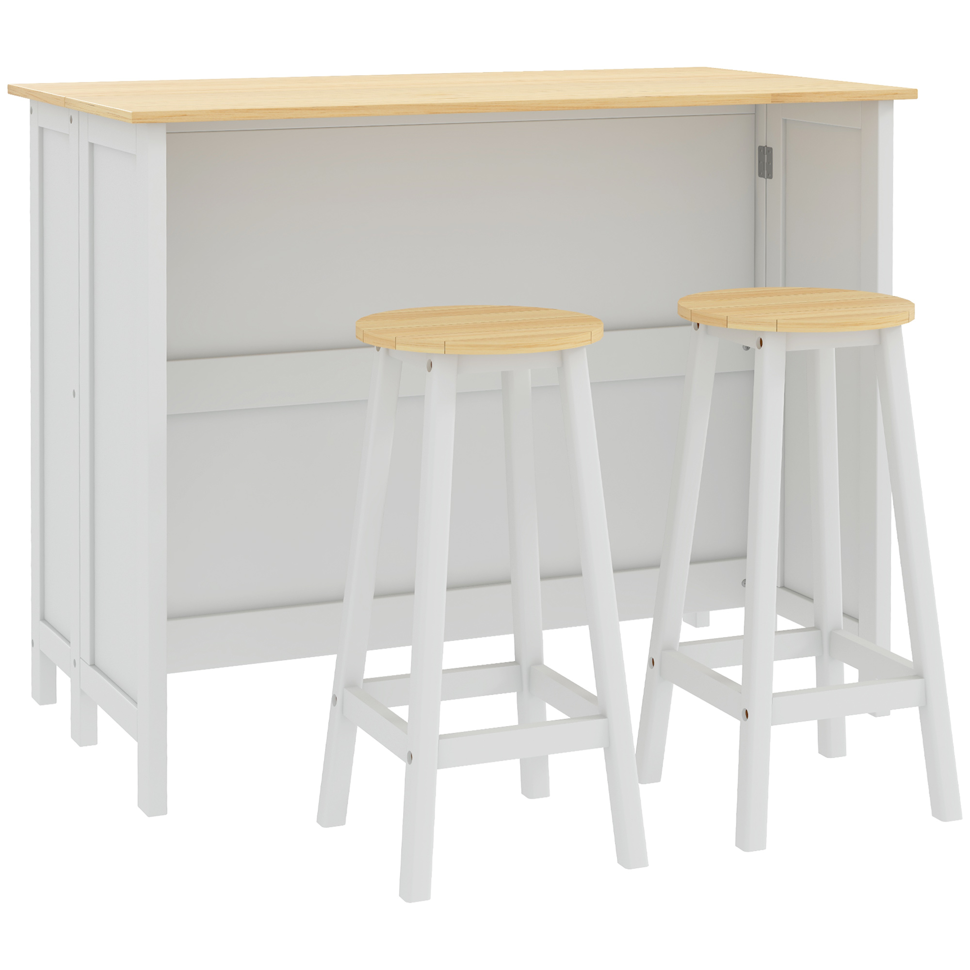 Kücheninsel Mit Servierwagen, 2 Hockern, Klappbarer Arbeitsplatte, 2 Schränken Mit 4 Türen, Modernes Design, Weiß