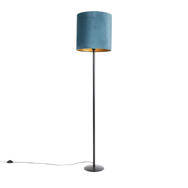 Qazqa Schwarze Stehlampe Veloursschirm Blau/gold 40 Cm - Simplo