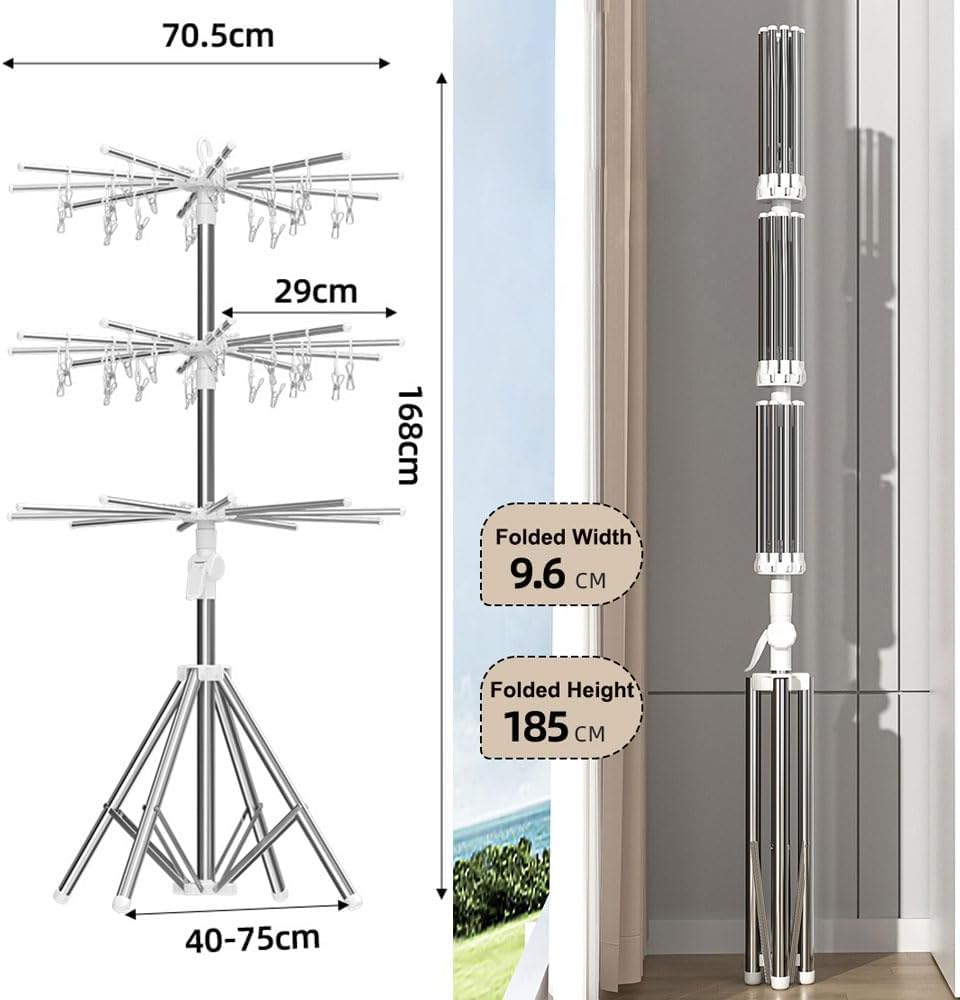 Zusammenklappbarer Wäscheständer, Wäscheleine Aus Metall Mit Windfesten Klemmen Für Drinnen Und Draußen, Wäschebügel Für Babywindeln Und Handtücher, Stabiler 3-stöckiger Ständer Für Balkon, Waschküche