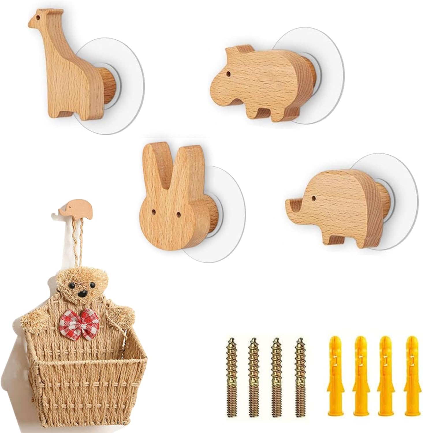 4-teiliges Garderobenständer-set, Wandhaken In Zoomorphen Cartoon-form, Buchenholz, Naturholzhaken Für Türrahmen, Kinderzimmer, Kleiderschrank
