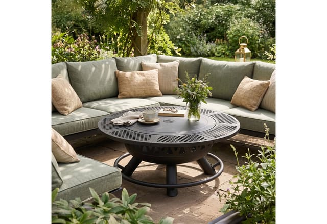 Relaxdays Feuerschale, Ø 92 Cm, 2 Verstellbare Grillroste, Deckel, Schürhaken & Abdeckung, Feuerstelle Garten, Schwarz