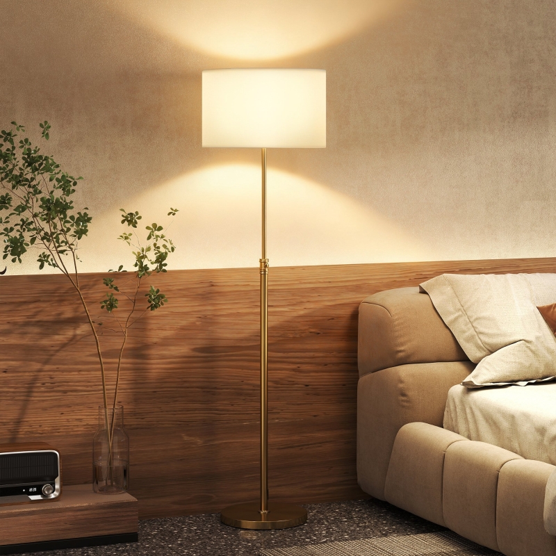 Stehlampe, Höhenverstellbar, Stoffschirm, Metallständer, Fernbedienung, Anpassbare Helligkeit, Fußschalter, Goldfarben