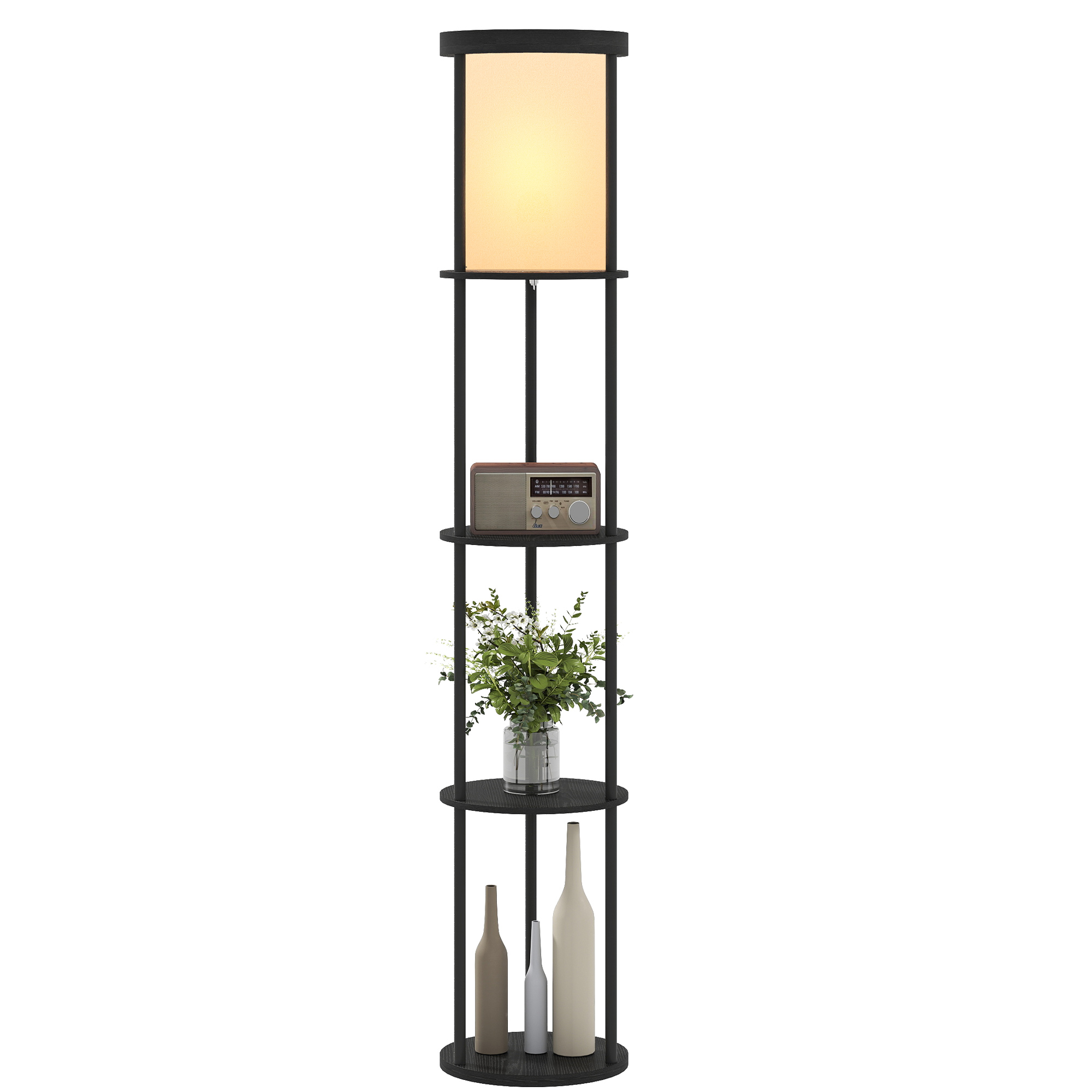 Stehlampe Mit 3 Regalen-rundes Design-fernbedienung-fußschalter-verstellbare Lichtwärme-für Wohnzimmer-schwarz