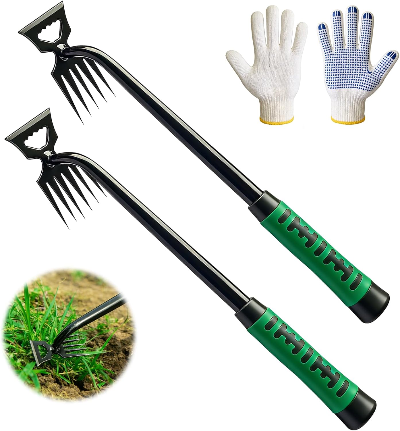 3-teiliges Unkrautjät-set, Edelstahl, Stahlgriff, Gummigriff, Schutzhandschuhe, Garten/balkon
