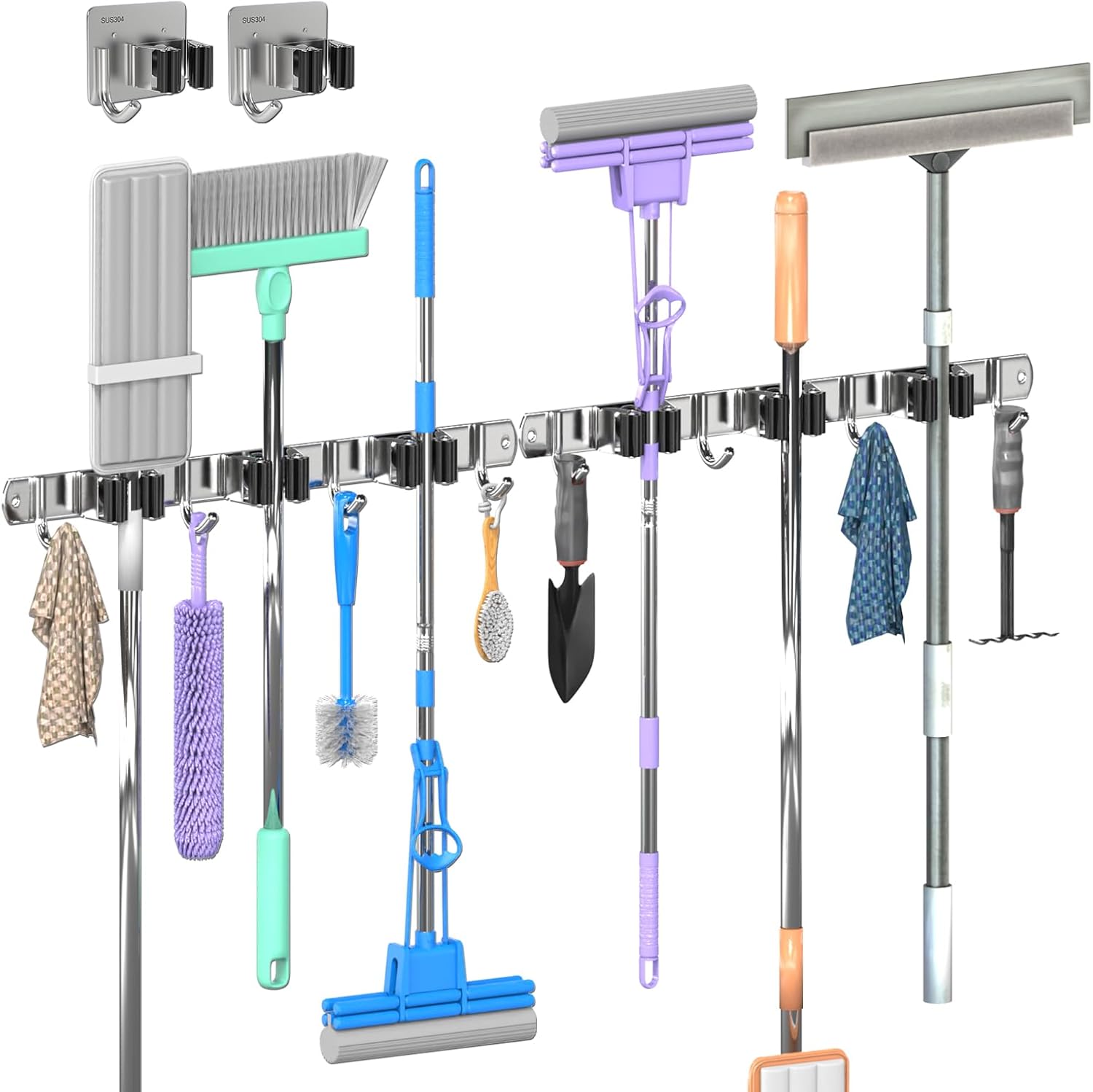 3-h 2er-set Wandbesenhalter (3 Halterungen & 4 Haken) Und 2 Bohrfreie Besenhalter – Edelstahl 304 – Für Bad, Garage, Küche, Garten, Waschküche. Silber