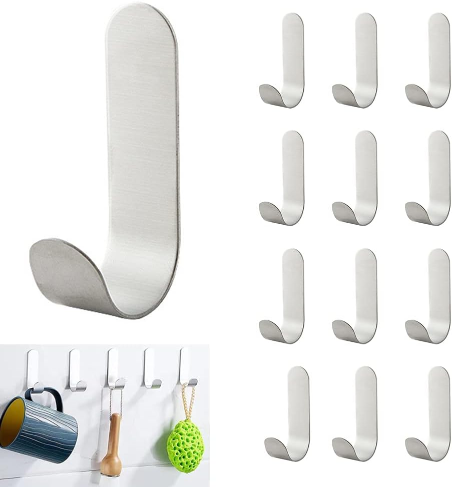 12 Selbstklebende Wandhaken Aus Edelstahl Für Badezimmer, Kein Bohren Erforderlich, Wasserfester Handtuchhalter Für Bad, Küche, Wohnzimmer Und Büro