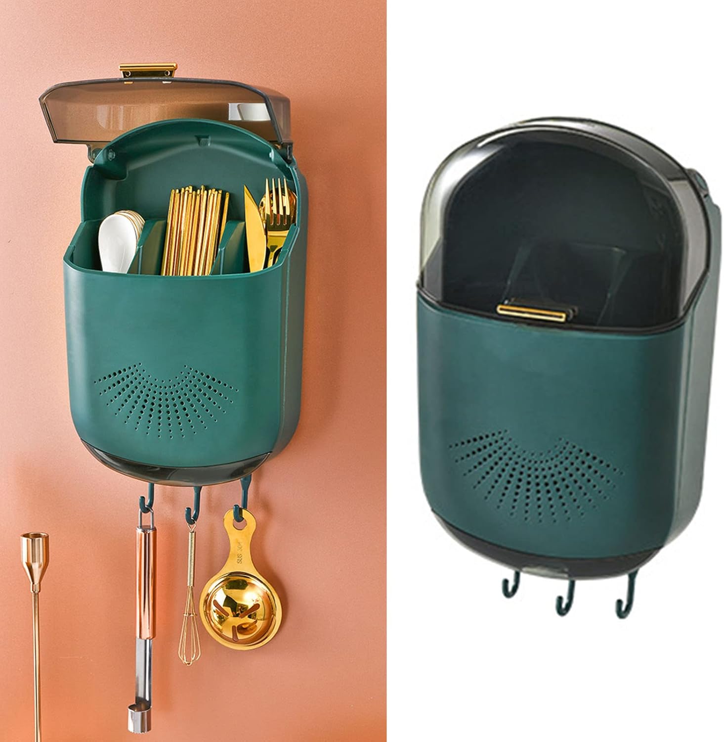 Wandmontierter Essstäbchenhalter Mit Abtropfschale, Geräumige 3-teilige Besteckaufbewahrungsbox Mit Deckel (grün)