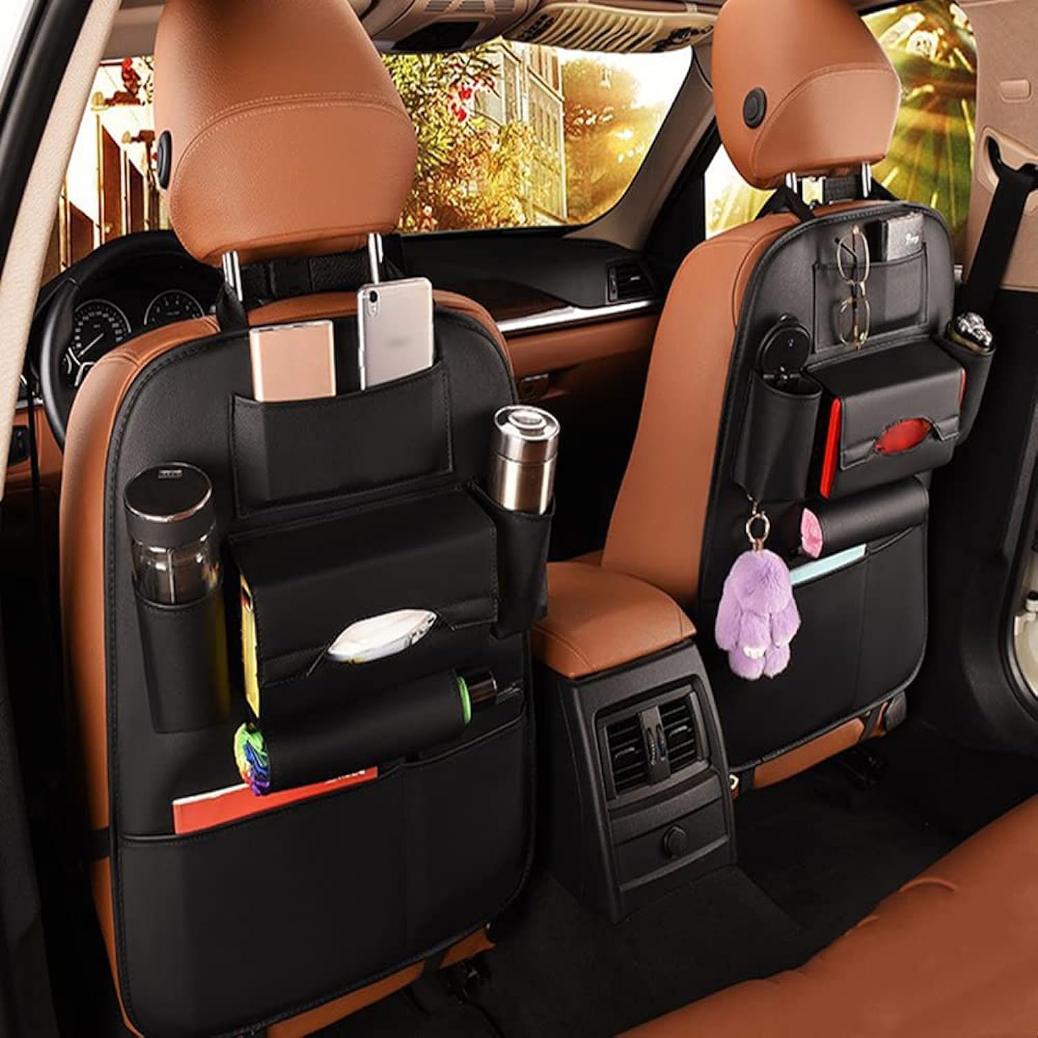 2er-set Premium-autositz-rückenlehnen-organizer Aus Pu-leder, Reiseaccessoires, Trittschutz Für Die Rückbank – Schwarz