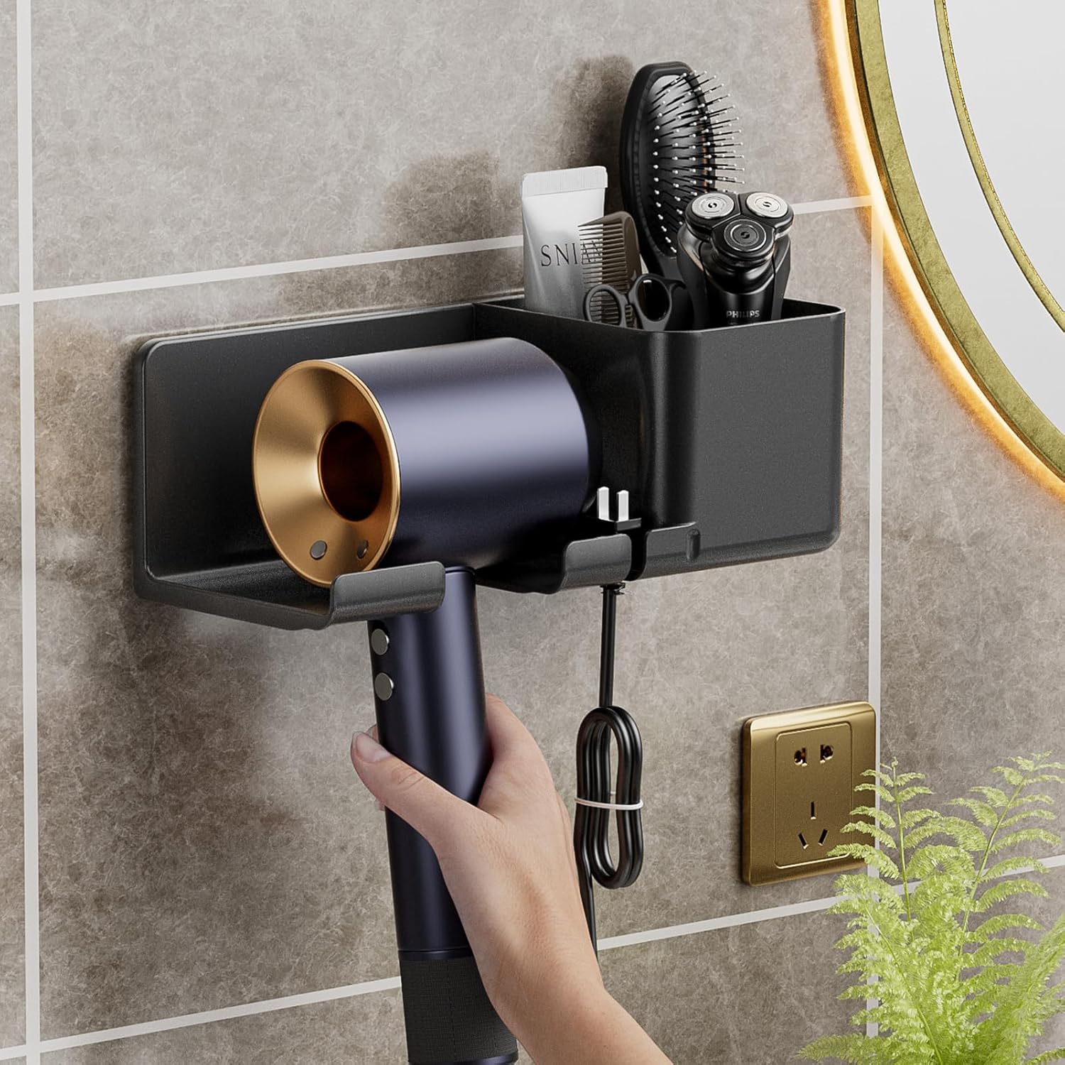 Haartrocknerhalterung, Universelle Klebewandhalterung Für Haartrockner, 2-in-1-haarstyling-werkzeugorganizer (schwarz)