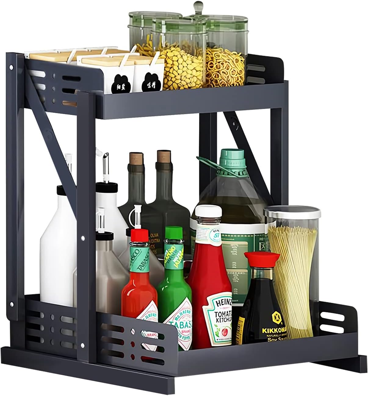 Gewürzregal, 34 X 28 X 38 Cm, Schwarz, Faltbar, 2-stöckiger Küchengewürzorganizer Für Die Arbeitsplatte, Robust Und Langlebig Aus Edelstahl, Maximiert Den Küchenplatz, Einfach Zu Montieren