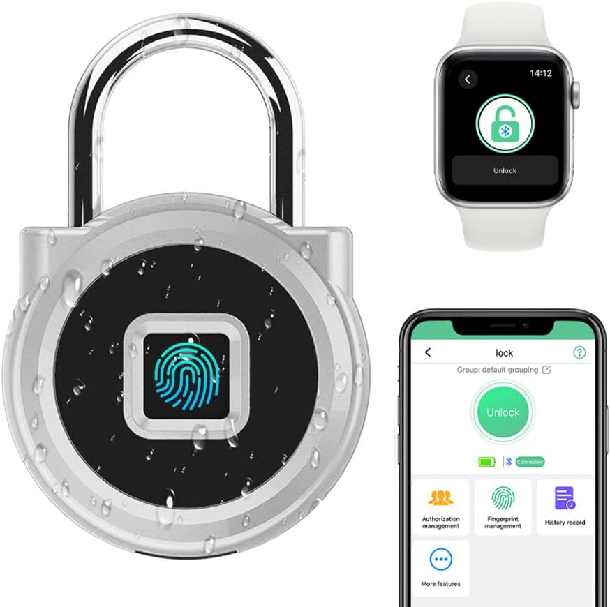 1 Biometrisches Vorhängeschloss, Fingerabdruck, Mobile App, Zahlencode, Außenbereich, Silber