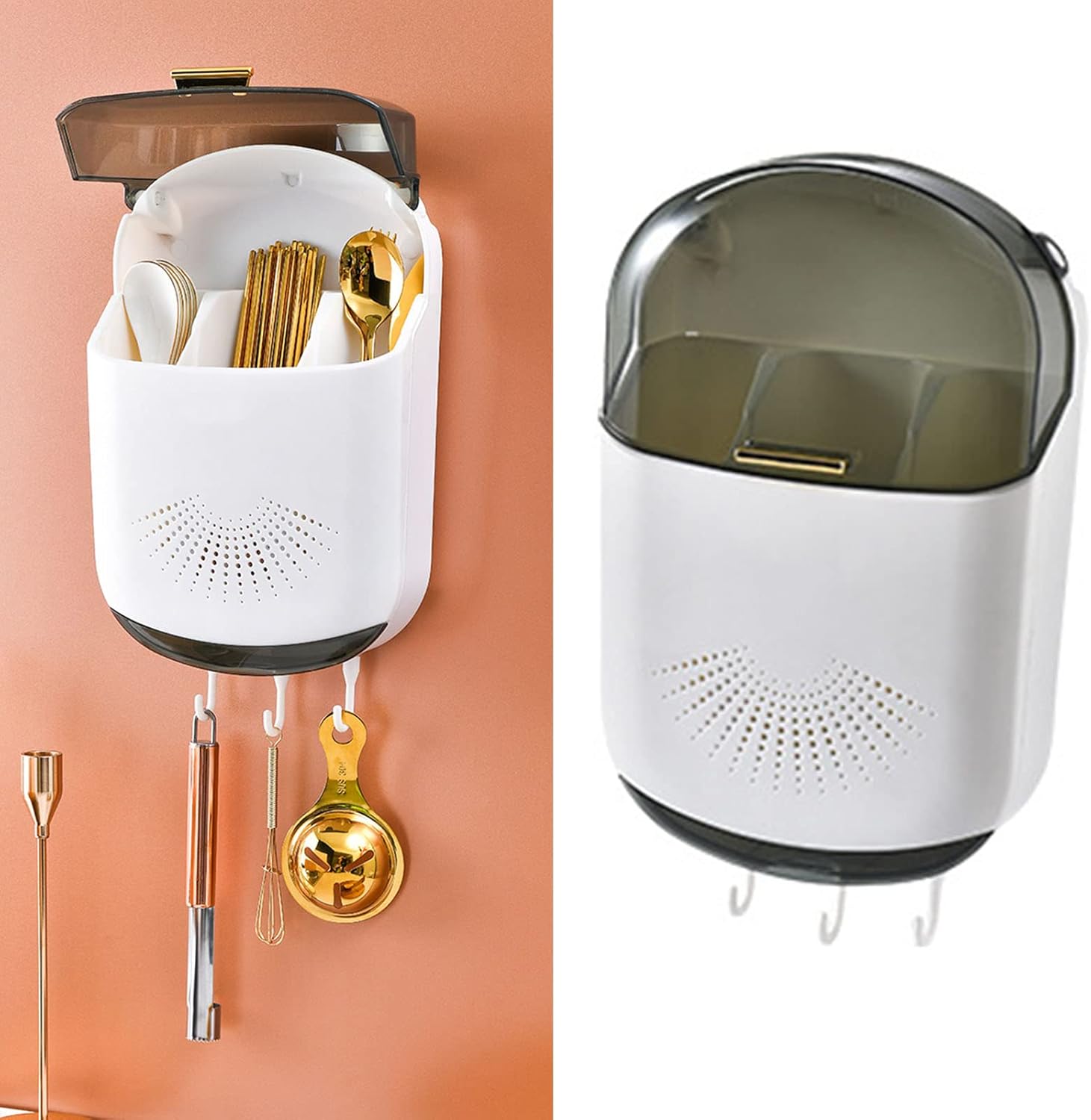 Wandmontierter Essstäbchenhalter Mit Abtropfschale, Geräumige 3-teilige Besteckaufbewahrungsbox Mit Deckel (weiß)