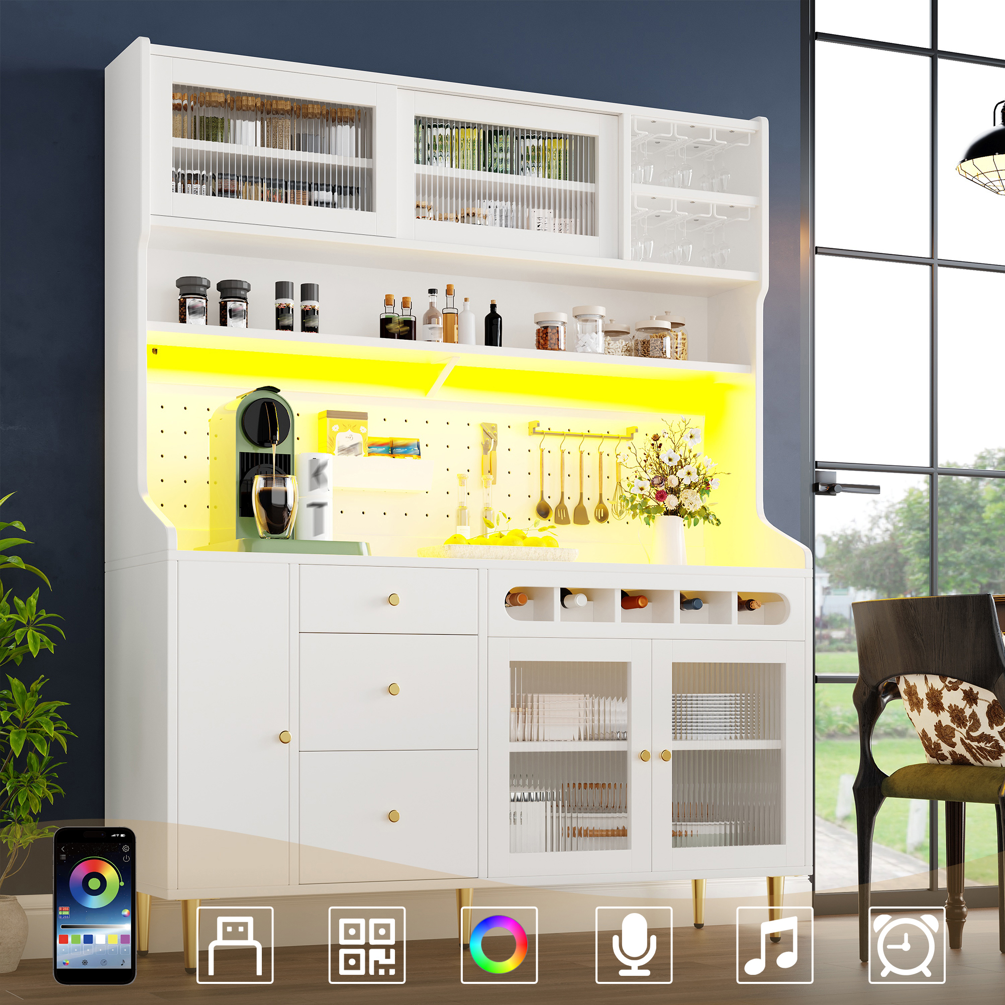 Hochschränke Fürs Wohnzimmer, Küchenschrank,esszimmerschrank,wohnzimmer-schrank Mit Verstellbaren Einlegeböden, Schränke Mit Led-beleuchtung, Schublade Mit Weinregal,145×39×171cm, Weiß