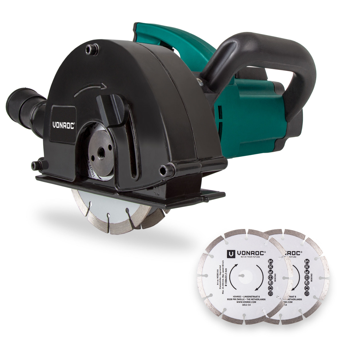 Vonroc - Mauernutfräse Schlitzfräse 1700 W - 150 Mm Komplettset Mit 4 Stück Diamantscheiben Und Aufbewahrungstasche