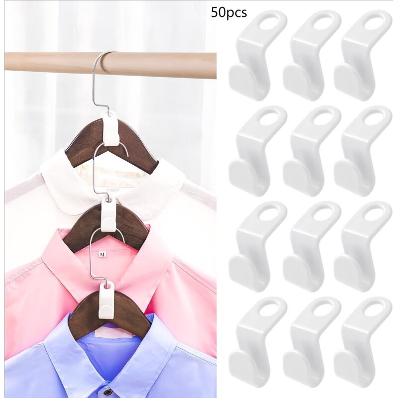 Packung Mit 50 Platzsparenden Kleiderbügelverbindern Zur Organisation Und Aufbewahrung Von Kleidung Im Kleiderschrank, Kleiderbügelhaken, Kleiderbügelclips, Kunststoffkleiderbügel, Weiß