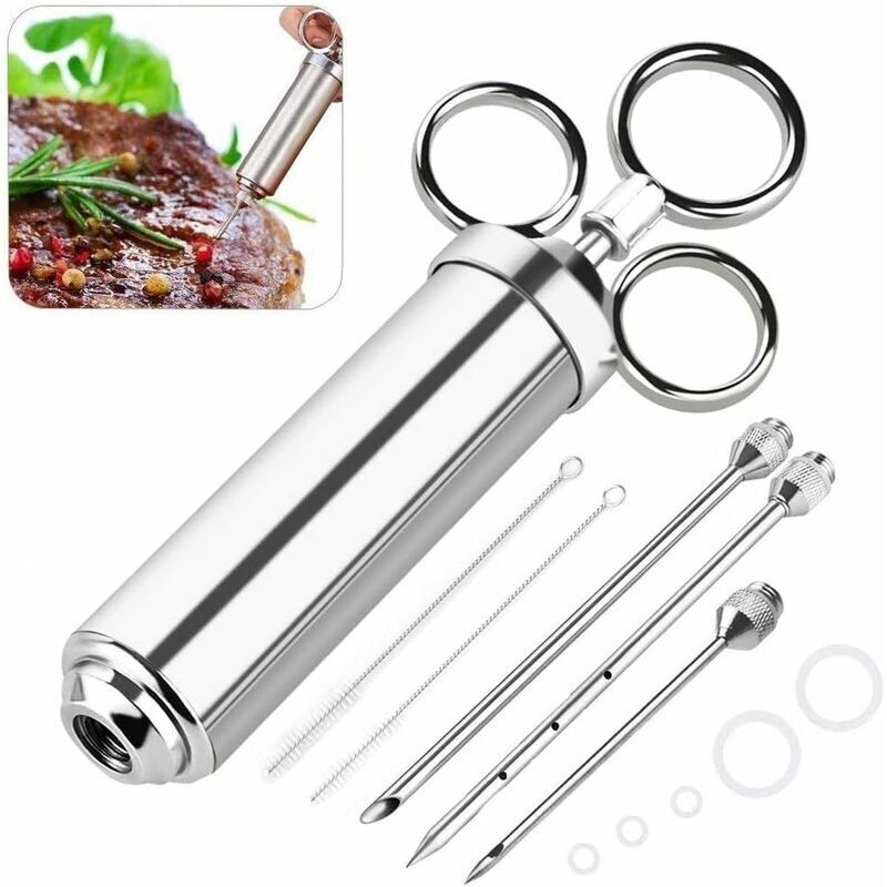 Jeringa De Adobo De 60 Ml, Pera De Salsa De Acero Inoxidable 304, Inyector De Alimentos, Utensilio De Cocina Con 3 Agujas Para Marinar, Cocinar, Asar, Rostizar Y Asar Carne.