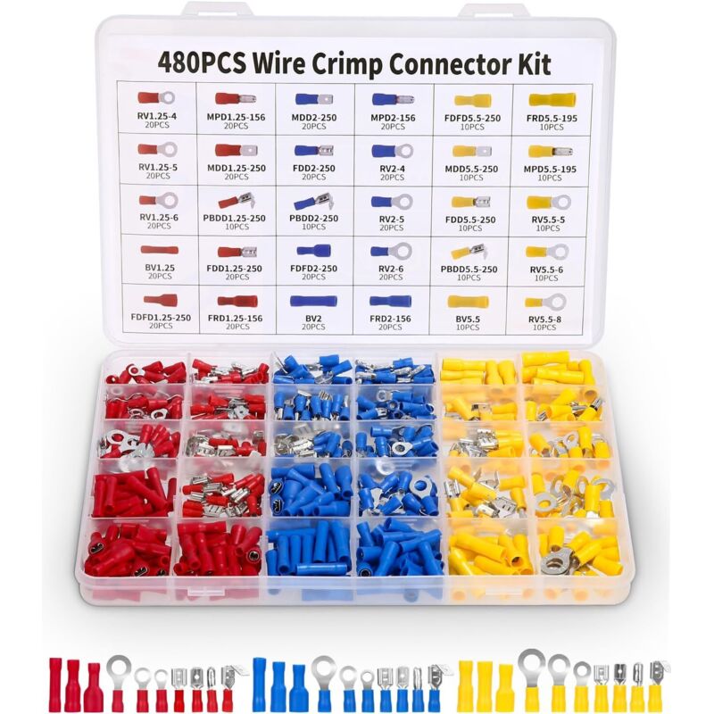 480 Stück Elektrische Crimp-anschlüsse, 30 Verschiedene Crimp-anschlüsse Mit Sortimentsbox, Ring-, Flach-, Gabel- Und Kit-anschlüsse, Für Autos, Flachanschlüsse, Ringanschlüsse