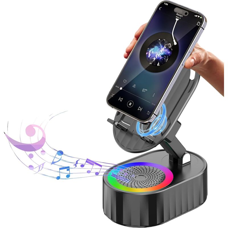5-in-1 Kabelloser Bluetooth-lautsprecher Mit Induktiver Ladefunktion, Wiederaufladbarer Notfall-handyhalterung (3000 Mah), Farbigem Umgebungslicht, 300° Faltbar (schwarz)