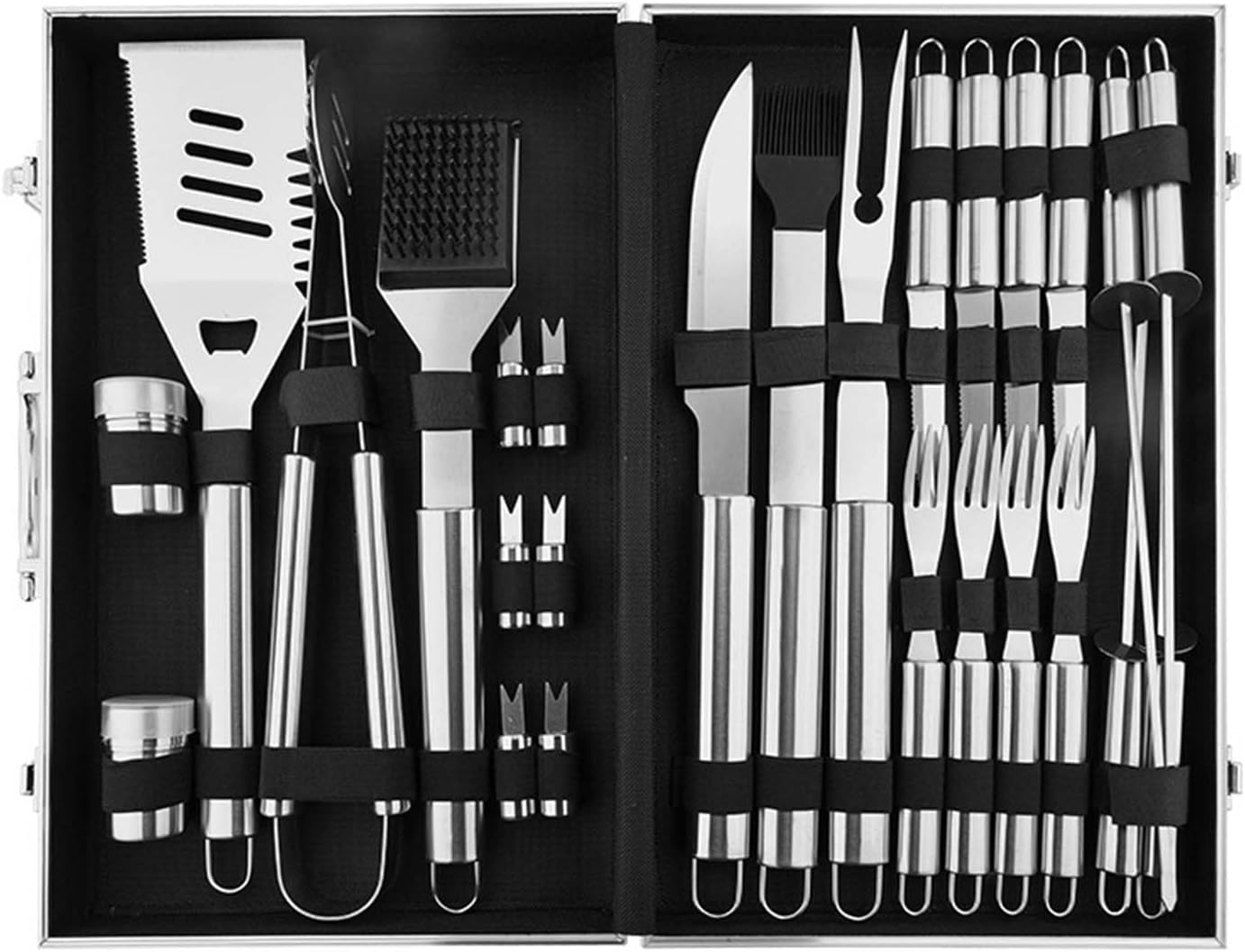 26-teiliges Grillbesteck-set Aus Edelstahl Mit Tragbarem Aluminiumständer Für Camping, Picknicks Und Reisen