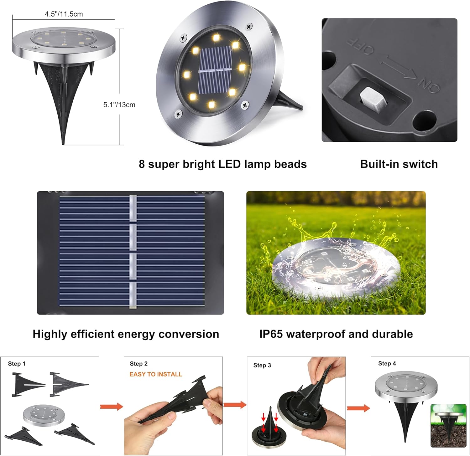 Einbau-led-außenstrahler, 8 Warmweiße Leds, Schutzart Ip65, Für Einfahrt, Rasen, Treppe, Garten Und Landschaftsbeleuchtung