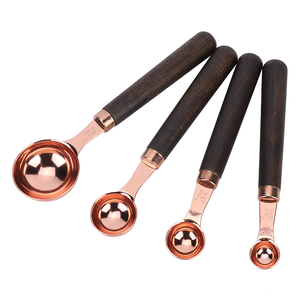 4-teiliges Messlöffel-set Aus Edelstahl Mit Roségoldenen Holzgriffen Für Küche Und Backen