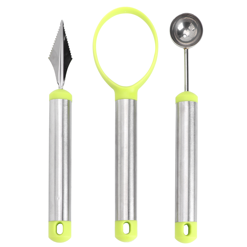3-teiliges Multifunktionales Obstschnitzwerkzeug-set, Melonenausstecher, Entkerner Für Wassermelonen Und Melonen (grün/silbernes Set)