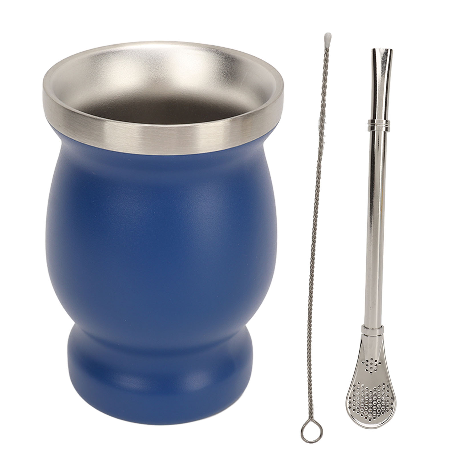 Doppelwandiger Edelstahl-teebecher, 230 Ml, Mit Löffel, Strohhalm Und Bürste, Ideal Für Kaffee, Wein, Blauschimmelkäse