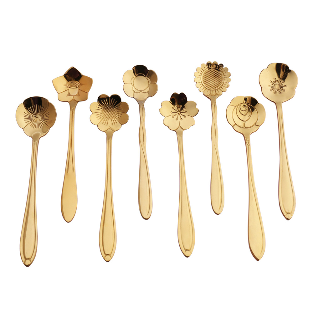 Set Mit 8 Edelstahl-blumenlöffeln, Wiederverwendbare Teelöffel Für Kuchen Und Teepartys (11 Cm, Gold)