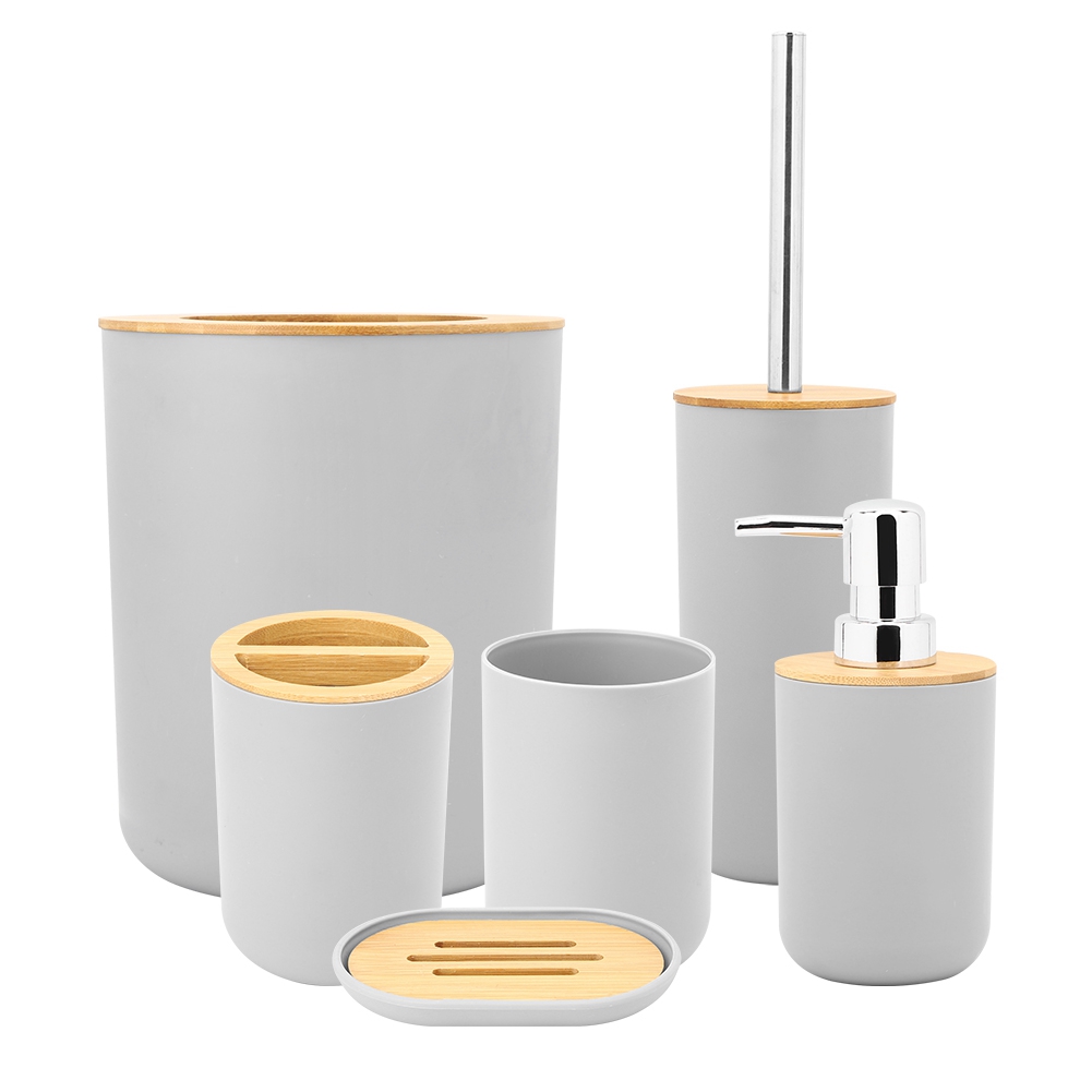6-teiliges Set Seifenschale, Zahnbürstenhalter, Mundspülbecher, Lotionflasche, Badezimmeraccessoires, Grau