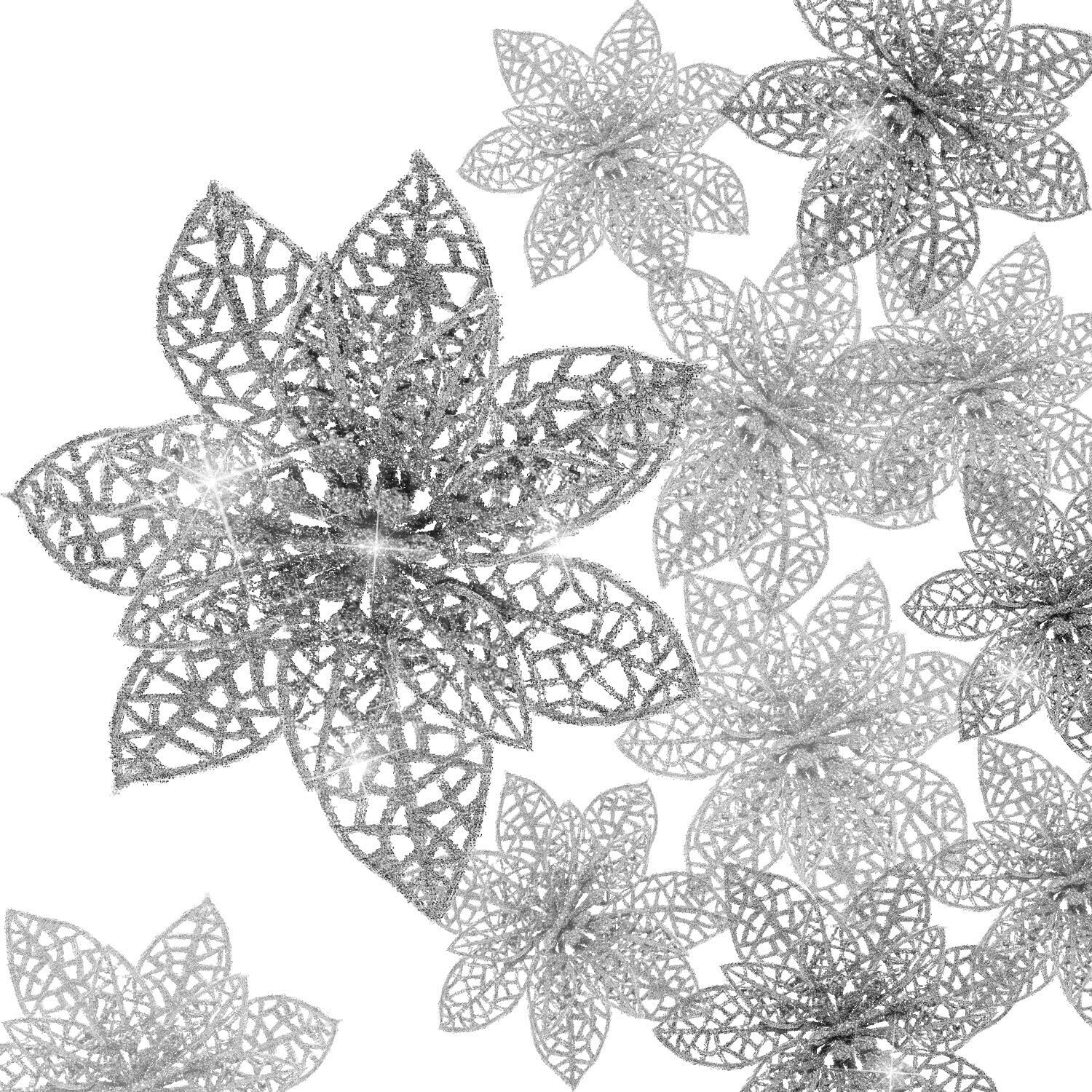 24 Künstliche Weihnachtsblumen, 10 Cm Große Silberne Baumornamente Für Kränze, Tischdekorationen, Hochzeiten Und Blumenschmuck